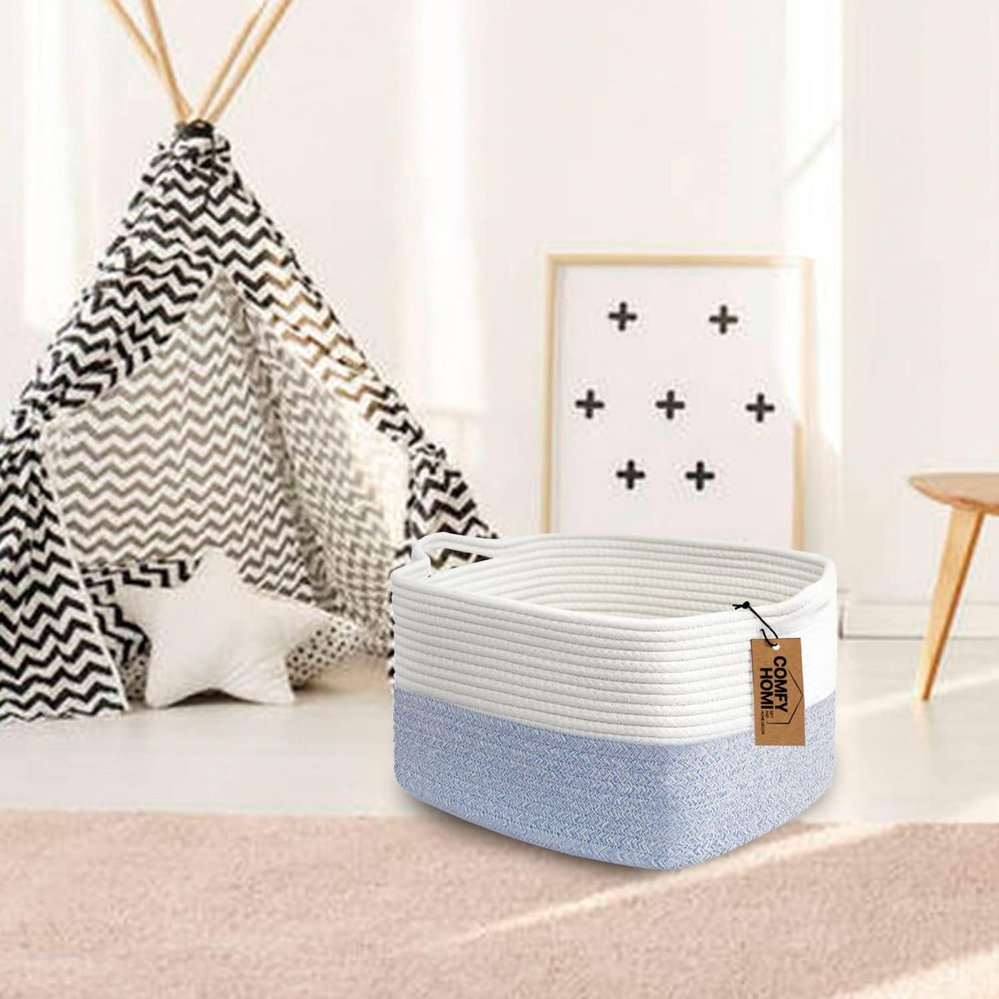 Cotton Rope Woven Basket / 13.5 x 11 x 9.5 / White/blue