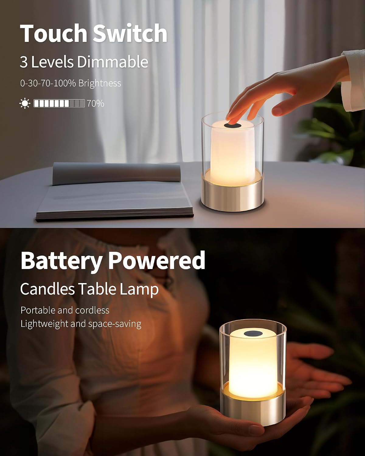 4" Gold Cordless Table Lamp 2 Pack, Outdoor Rechargeable Lamp | LED, Battery Operated, Portable, Touch Night Light for