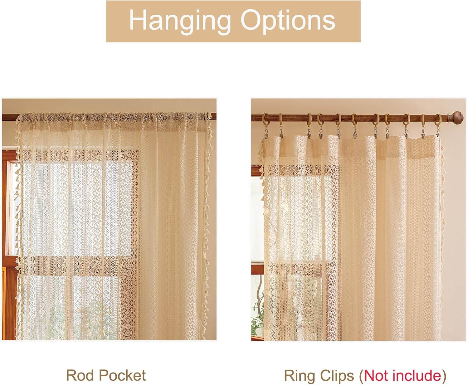 Boho Lace Curtains Long / Beige / 50"W x 84"L / 84 Inch / Set of 2