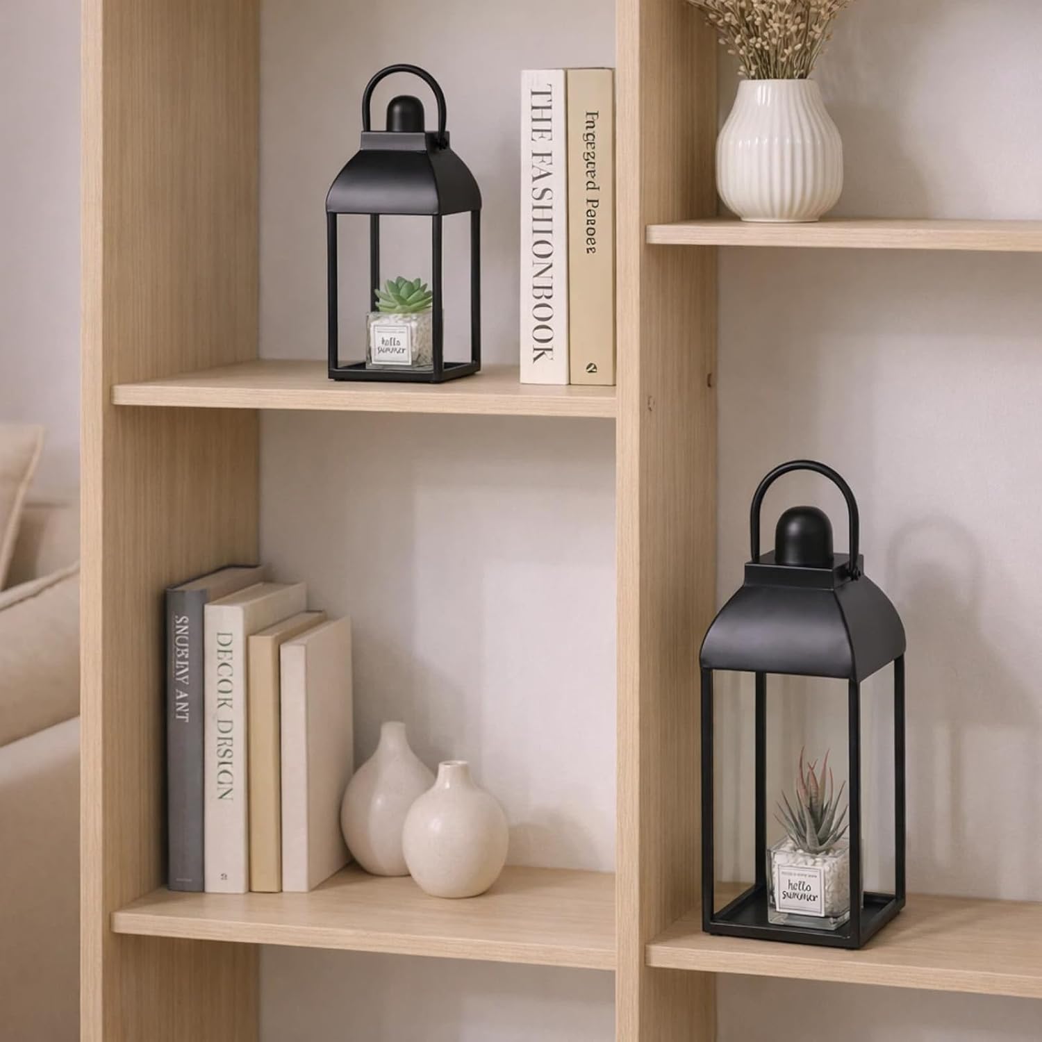 Lanterns Decorative Outdoor Indoor, 17'' 13'' Black Metal Outdoor Lanterns | Set of 2 Modern Farmhouse Candle Lantern
