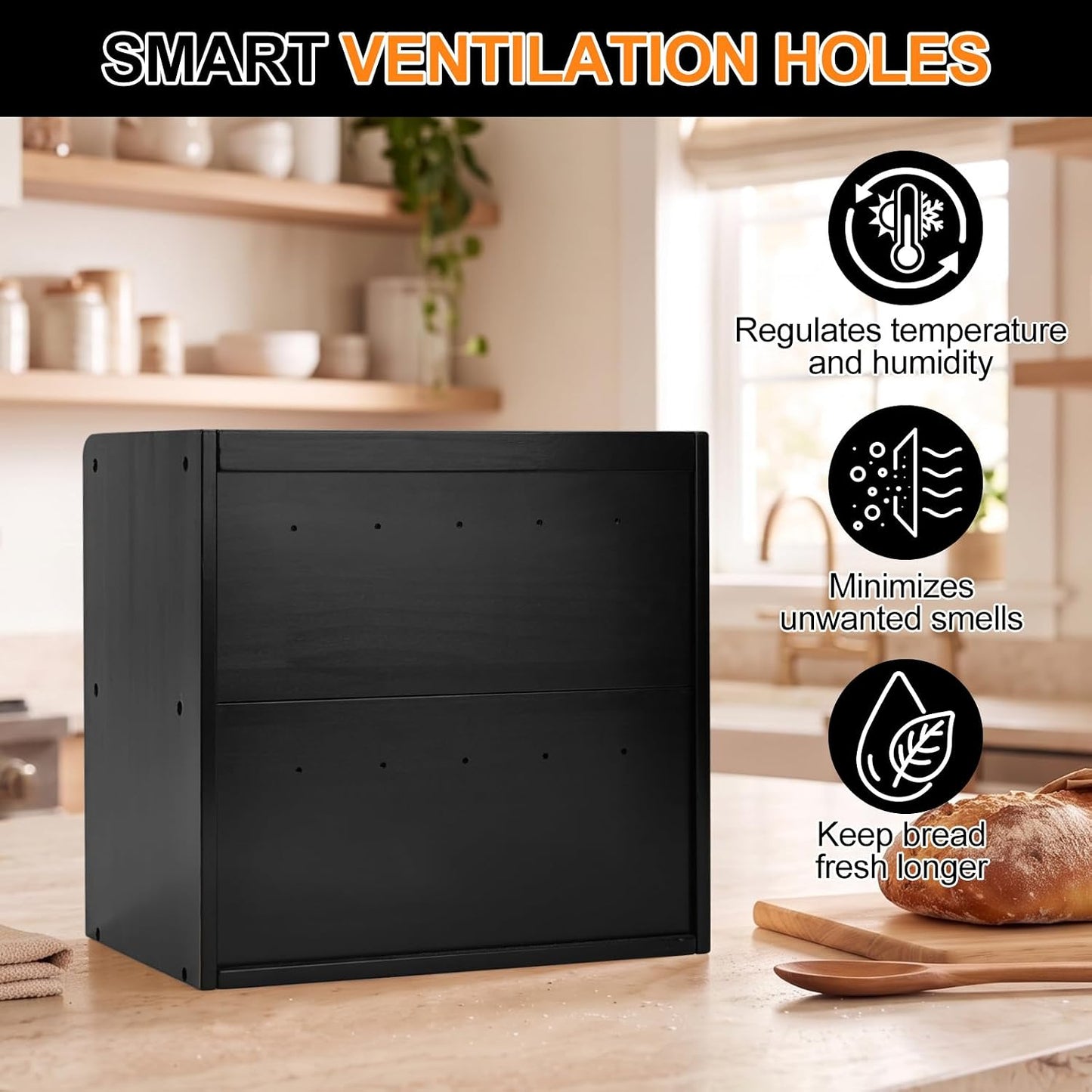 Alpeir Wooden Bread Box for Kitchen Countertop, Large Double Layer, Black | Food-Safe Pine Wood, Double-Row