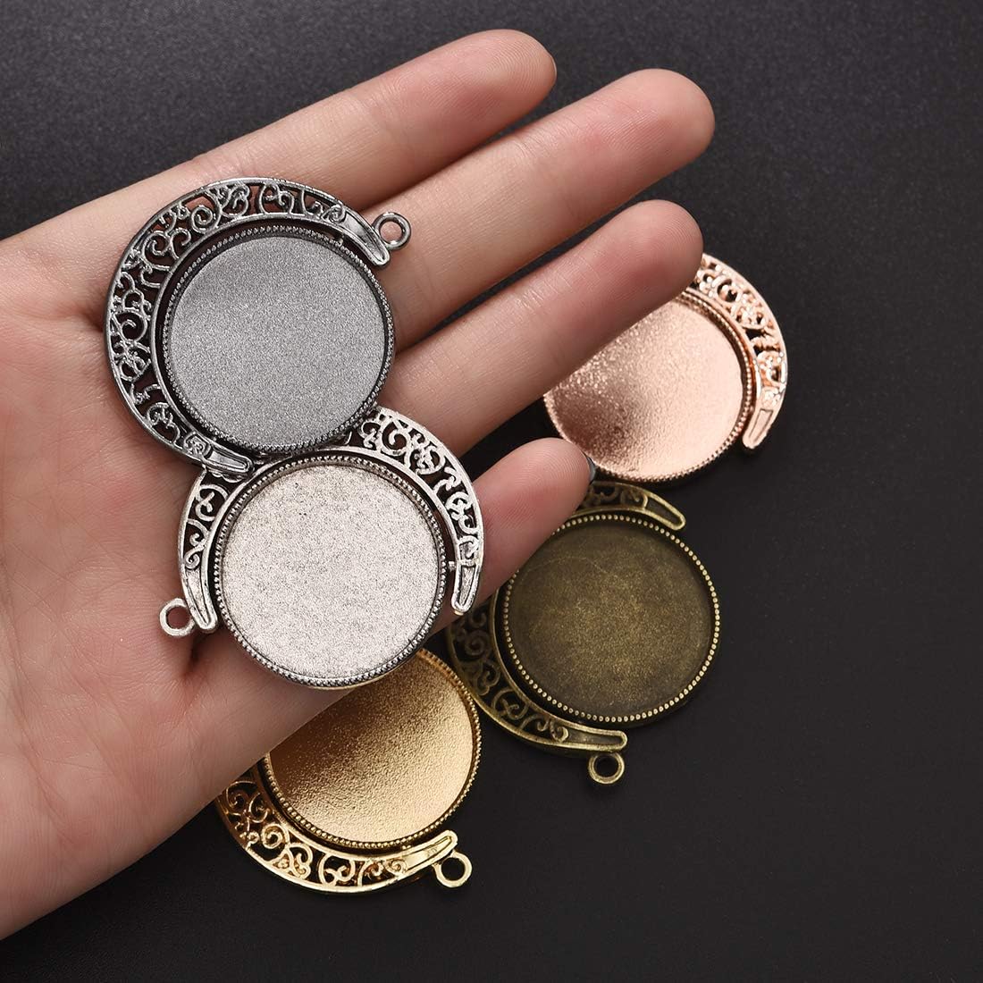 Moon Rotation Pendant Trays Kit- Double Side Cabochon Setting and Rond Glass / 25mm / Set of 60