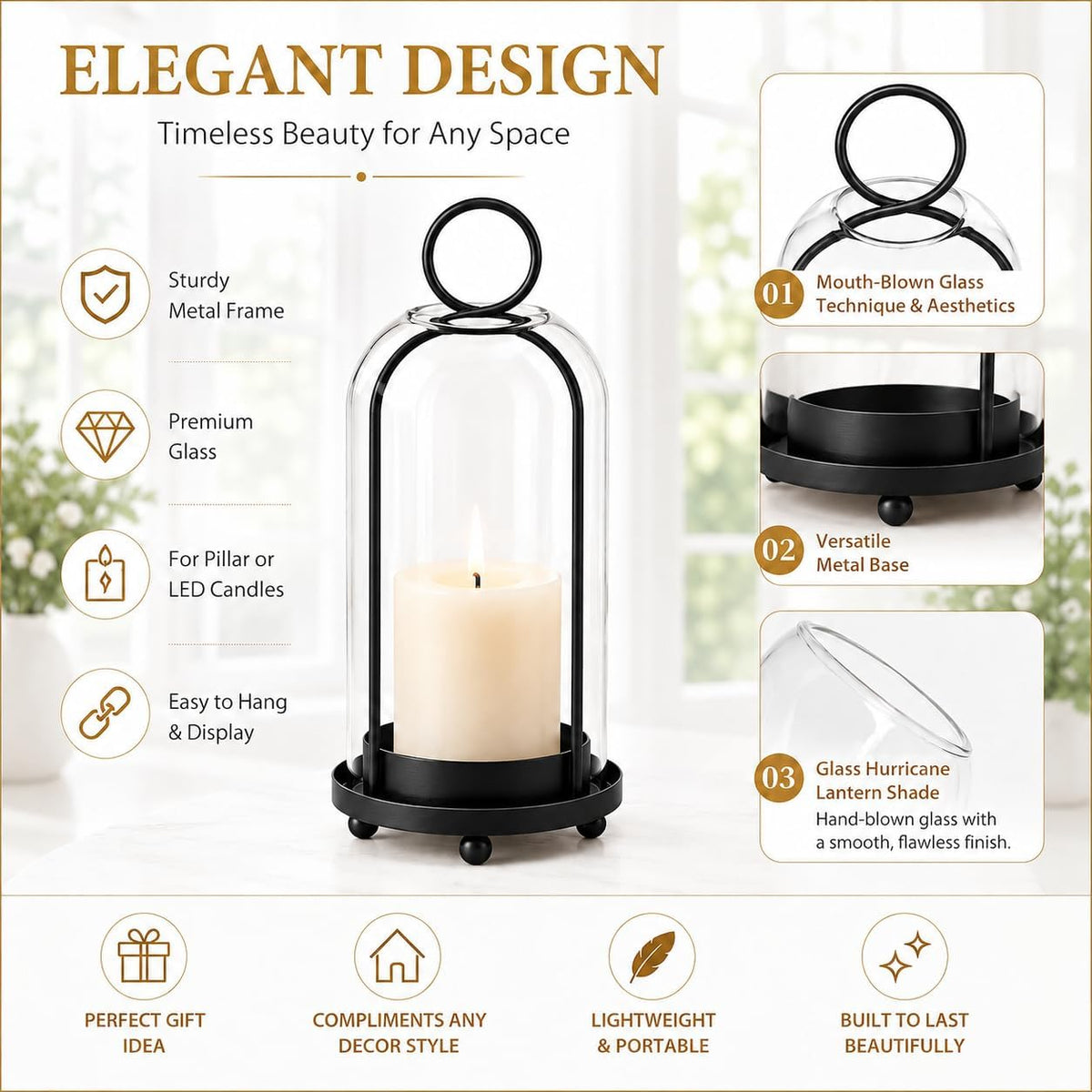 Hurricane Metal Candle Holder Set of 2, 12” & 7.5”, with Handcrafted Glass Dome for Pillar Candle, Plants & 2 Timer