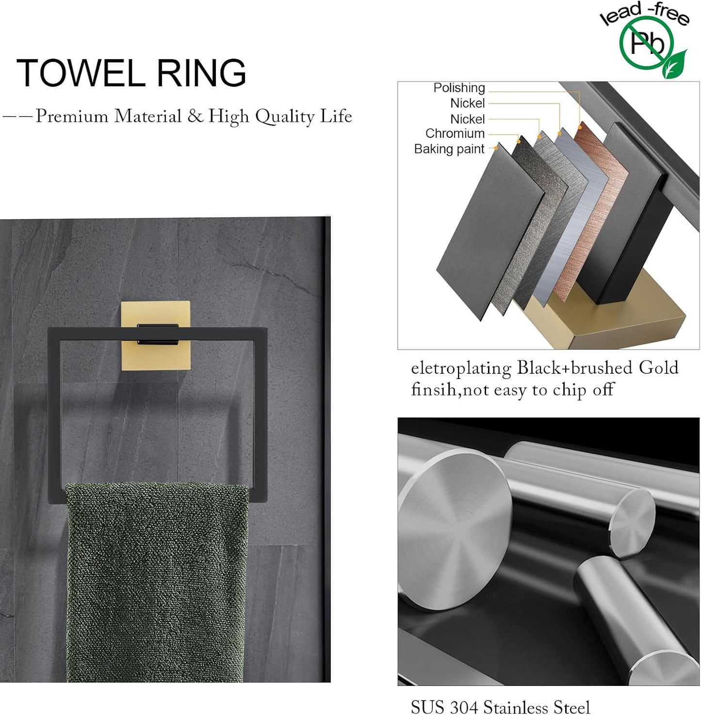 5 Pieces Bathroom Hardware Accessories Set Black and Gold Towel Bar Set,Wall Mounted Stainless Steel,23.6 Inch