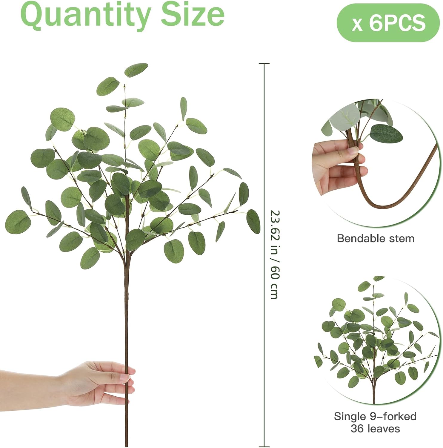 Eucalyptus Stems Greenery Stems Fake Leaves Artificial Silk Flowers Bouquet Faux / Green / Set of 6
