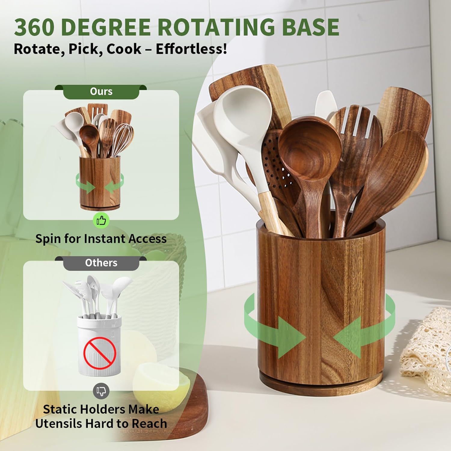 Acacia Wood Utensil Holder, 360° Rotating 7.3 in Kitchen Organizer | Rustic farmhouse countertop decor. Rotating base