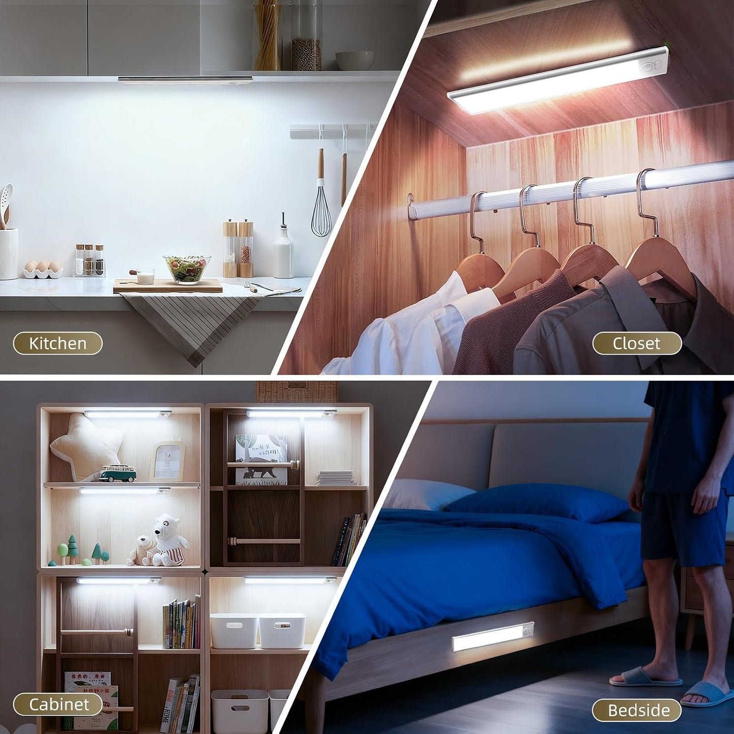 16inch Under Cabinet Lighting, 4 Pack Rechargeable Motion Sensor Light Indoor, Wireless Dimmable Magnetic Closet