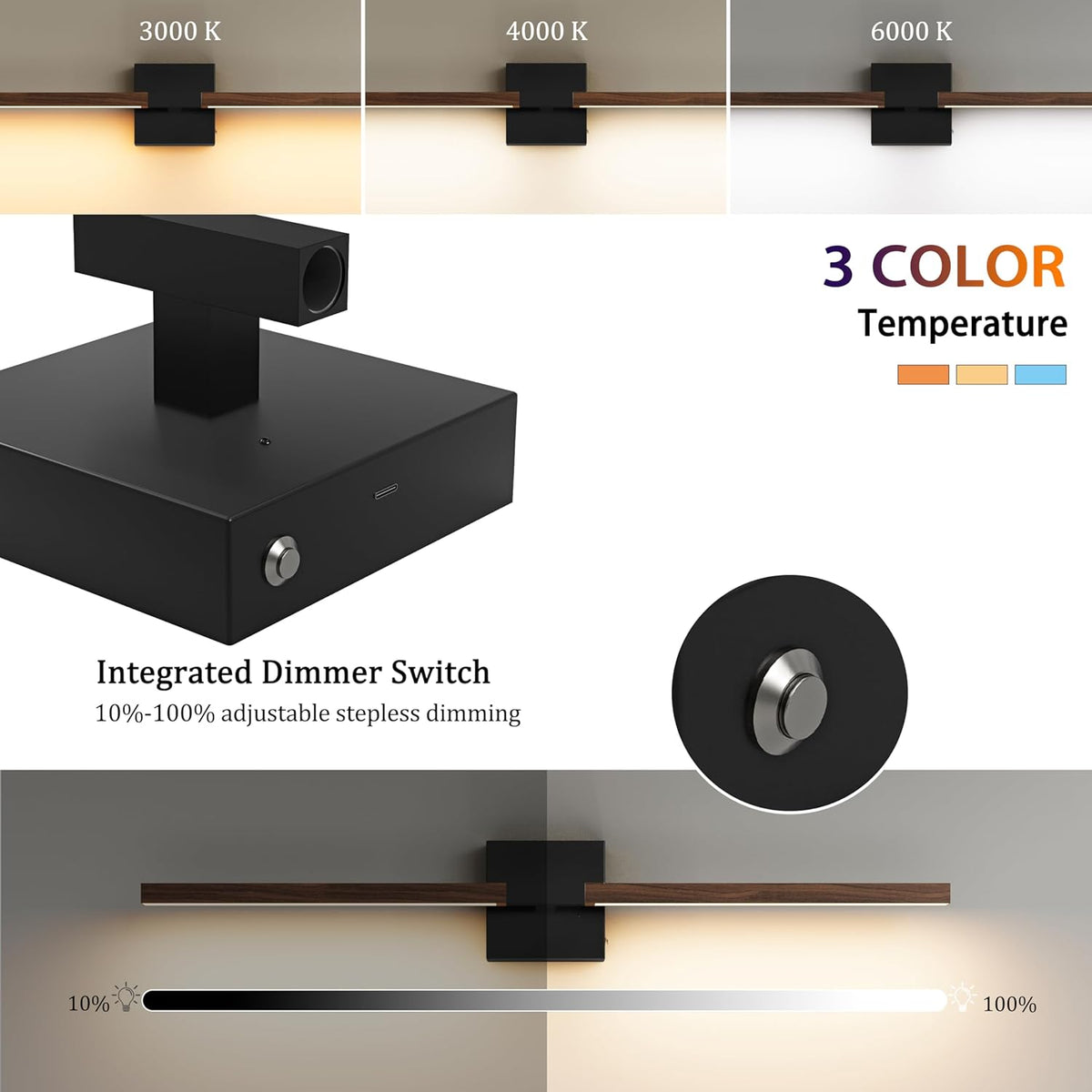 Rayogale Black Walnut Rechargeable Wall Sconce with Remote Control 32 Inch | 3000/4500/6000K Dimmable 8000mAh Wireless