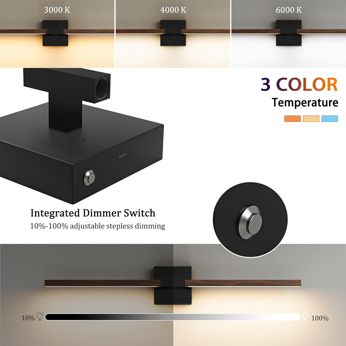 Rayogale Black Walnut Rechargeable Wall Sconce with Remote Control 40 Inch | 3000/4500/6000K Dimmable 8000mAh Wireless