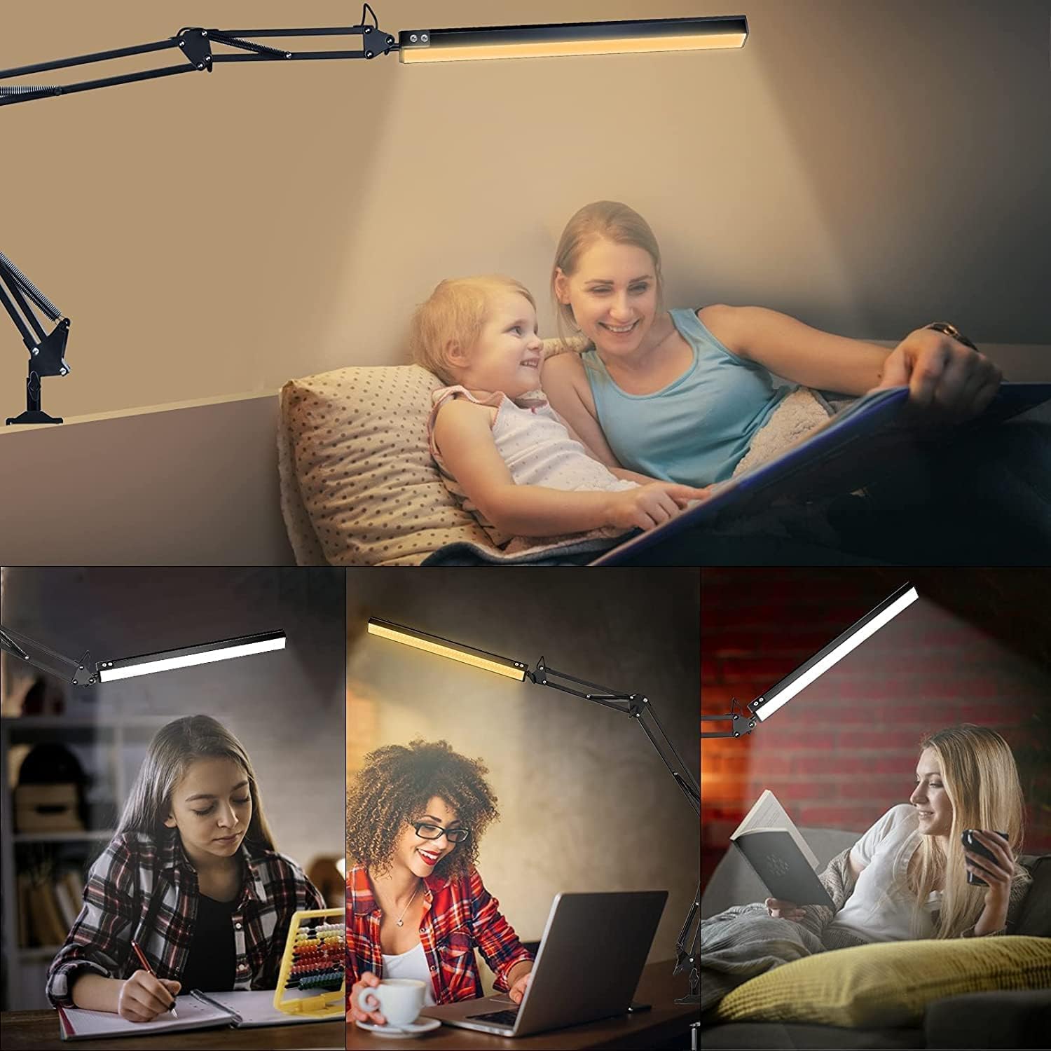 NOEVSBIG LED Desk Lamp with Clamp,2-in-1 Clamp on Desk Lamps with Base,50.7" Adjustable Swing Arm Architect Desk