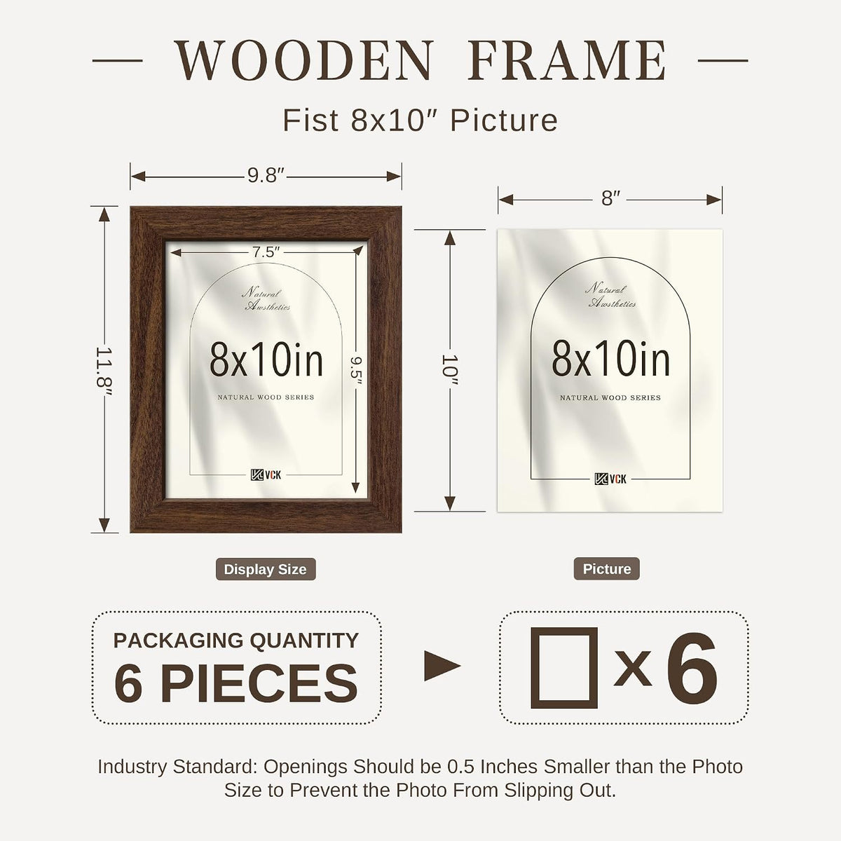 VCK 8x10 Picture Frame Set of 6, Elegant Brown Wood Portrait Frame | 1.1in Wide Border, Tabletop/Wall Hanging, HD