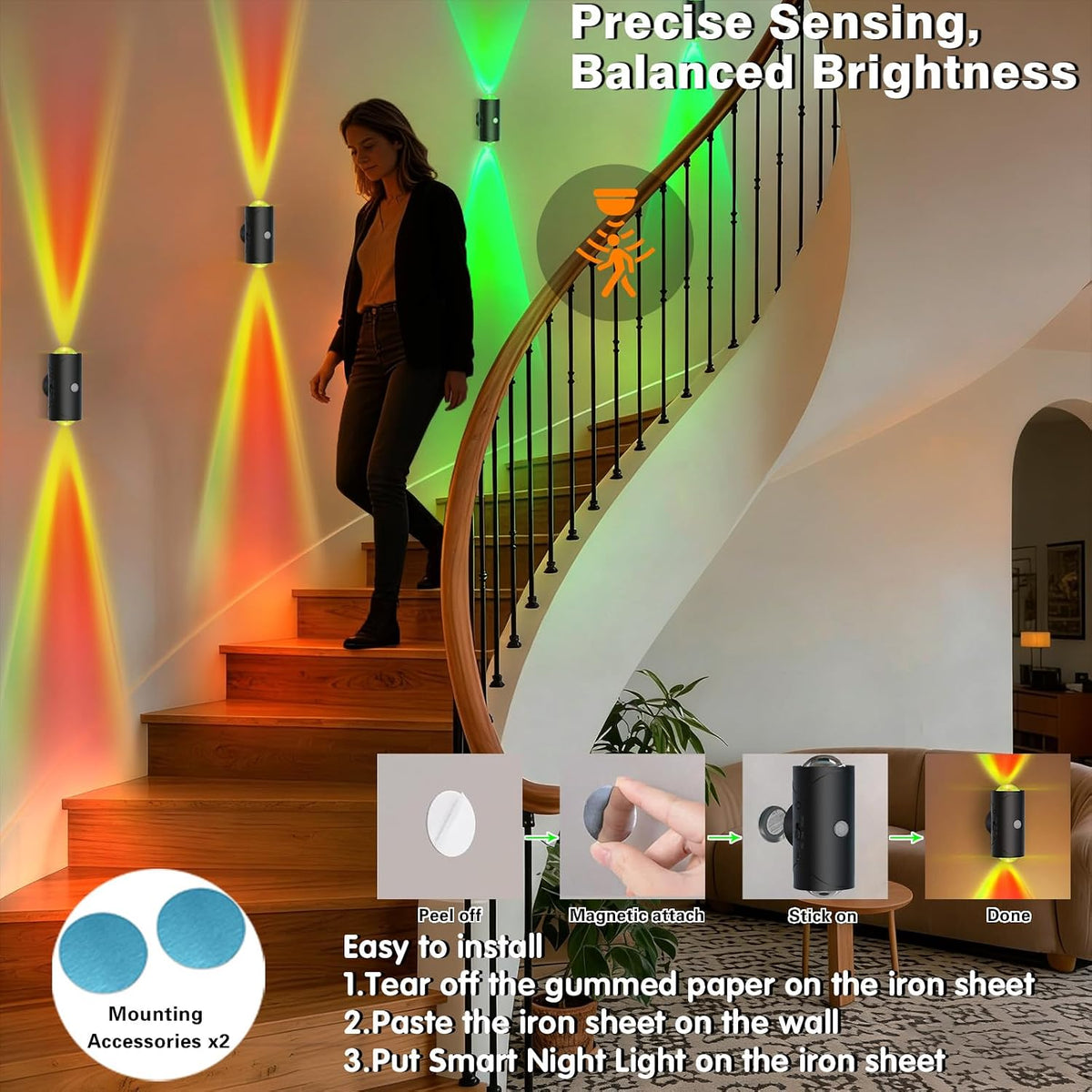 Rechargeable Motion Sensor Night Light, Magnetic RGB Wall Sconces 2 Pack | 7 Color Motion Sensor Light Indoor, 1500mAh