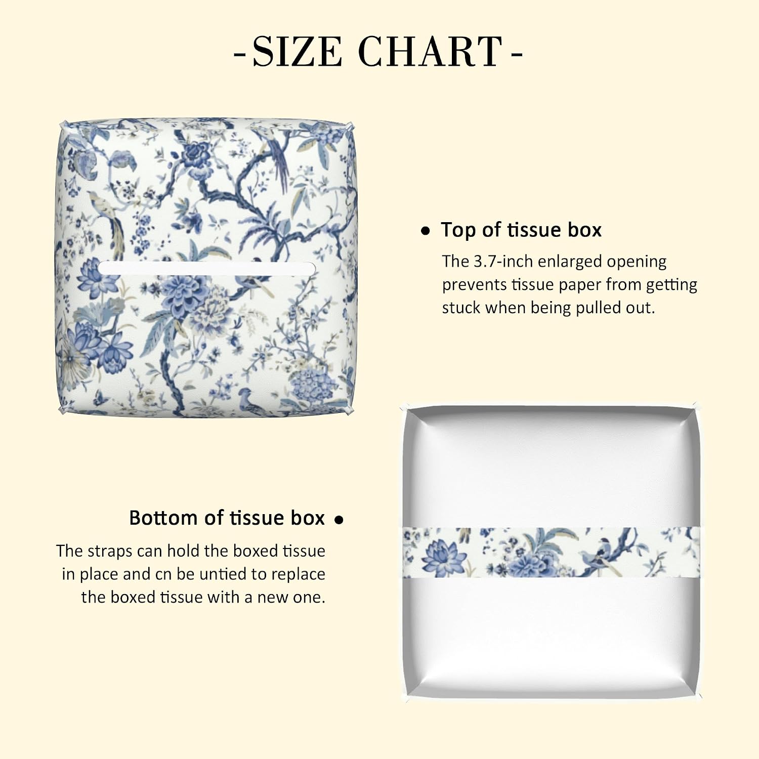 Tissue Box Cover Leather Tissue Box Holder Square Facial Paper Organizer / Blue Flower and Bird