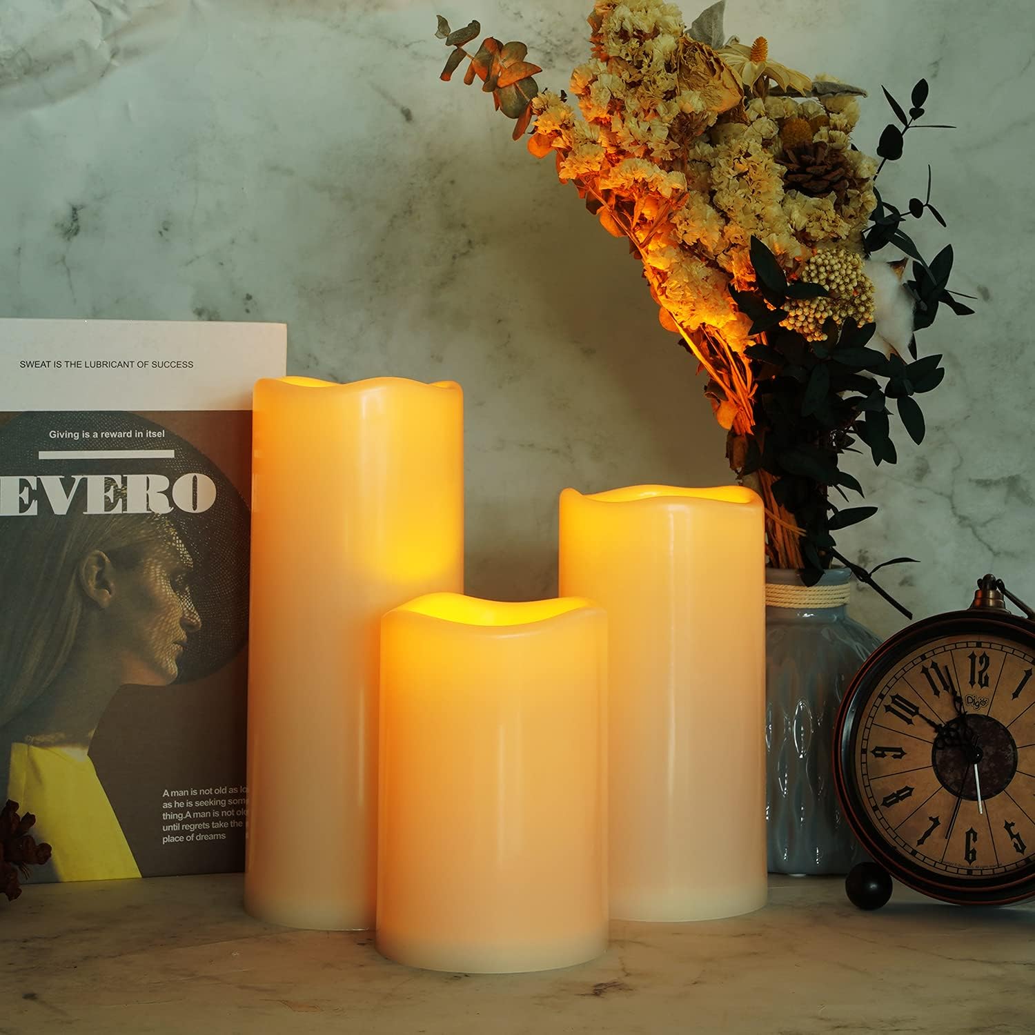 Homemory 6" 8" 10" x 4" Waterproof Outdoor Flameless Candles, Battery Operated Flickering LED Pillar Candles with