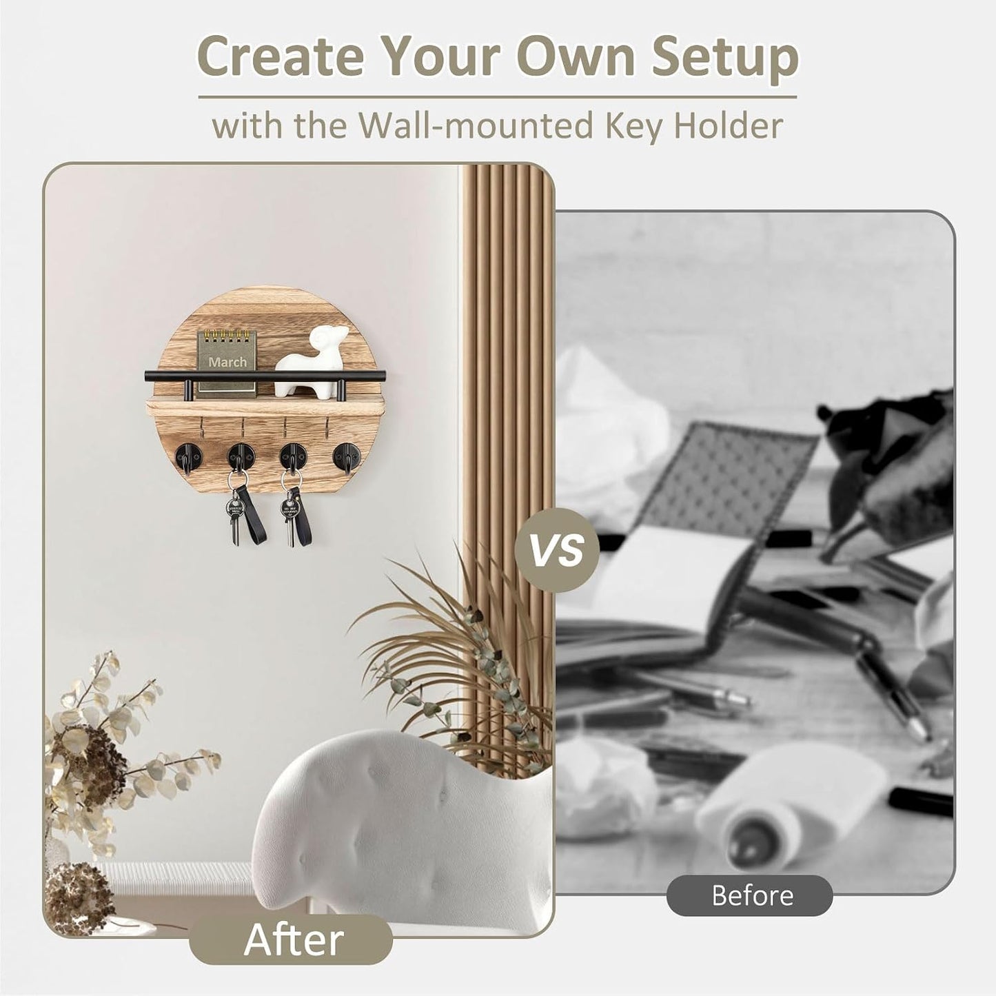 Key Holder / Shelf and 8 Key Hooks / Wood / 9.8 Inch