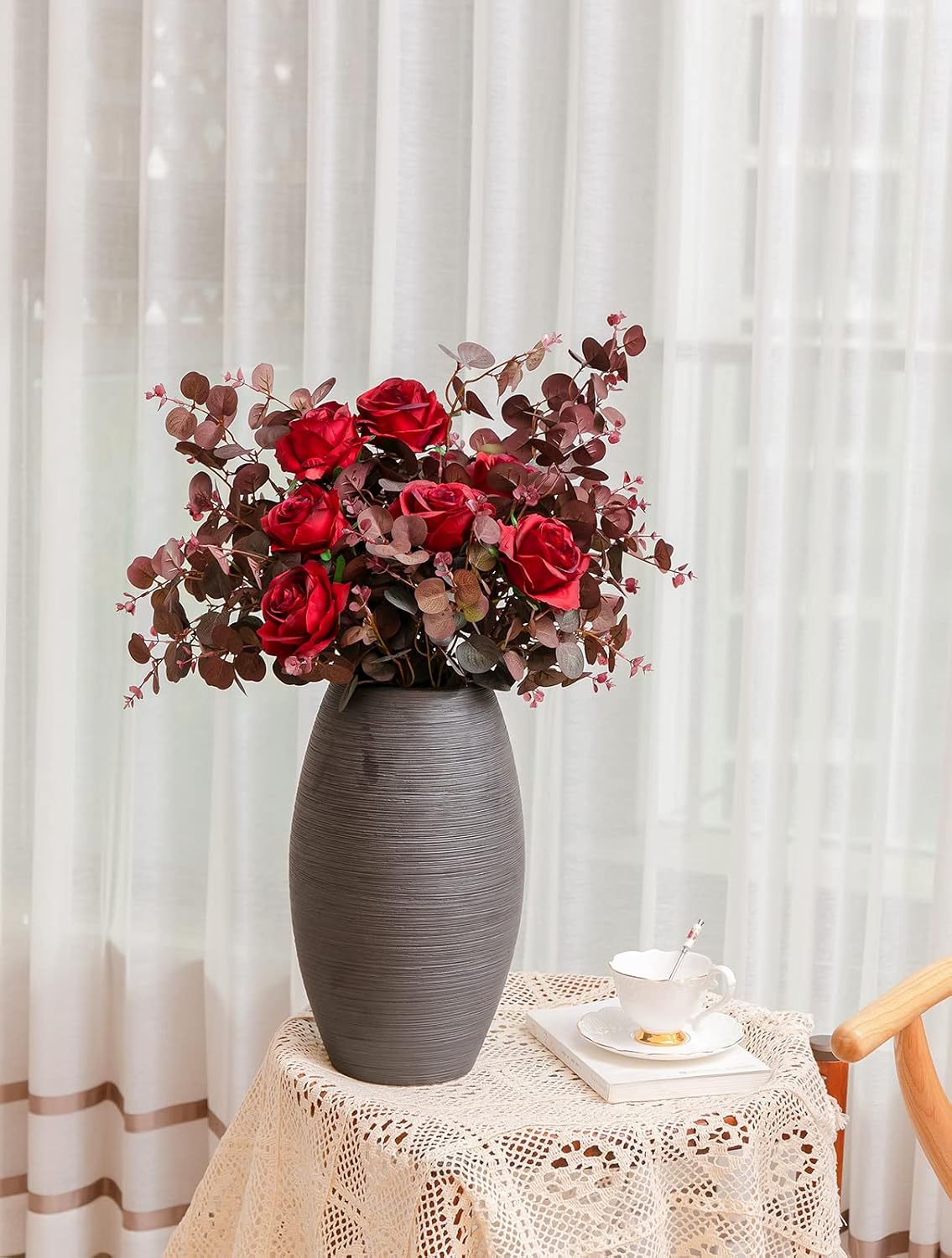Artificial Plants Silk Eucalyptus Leaves Tall 29" Eucalyptus Stems Branches / Wine Red / Set of 3