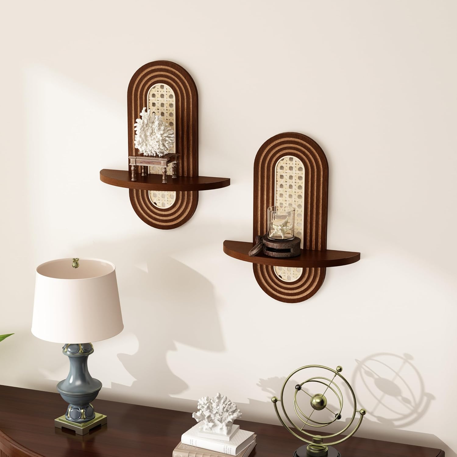 Boho Decor Wall-Mouted Shelves Book Display Rattan Shelf / Brown