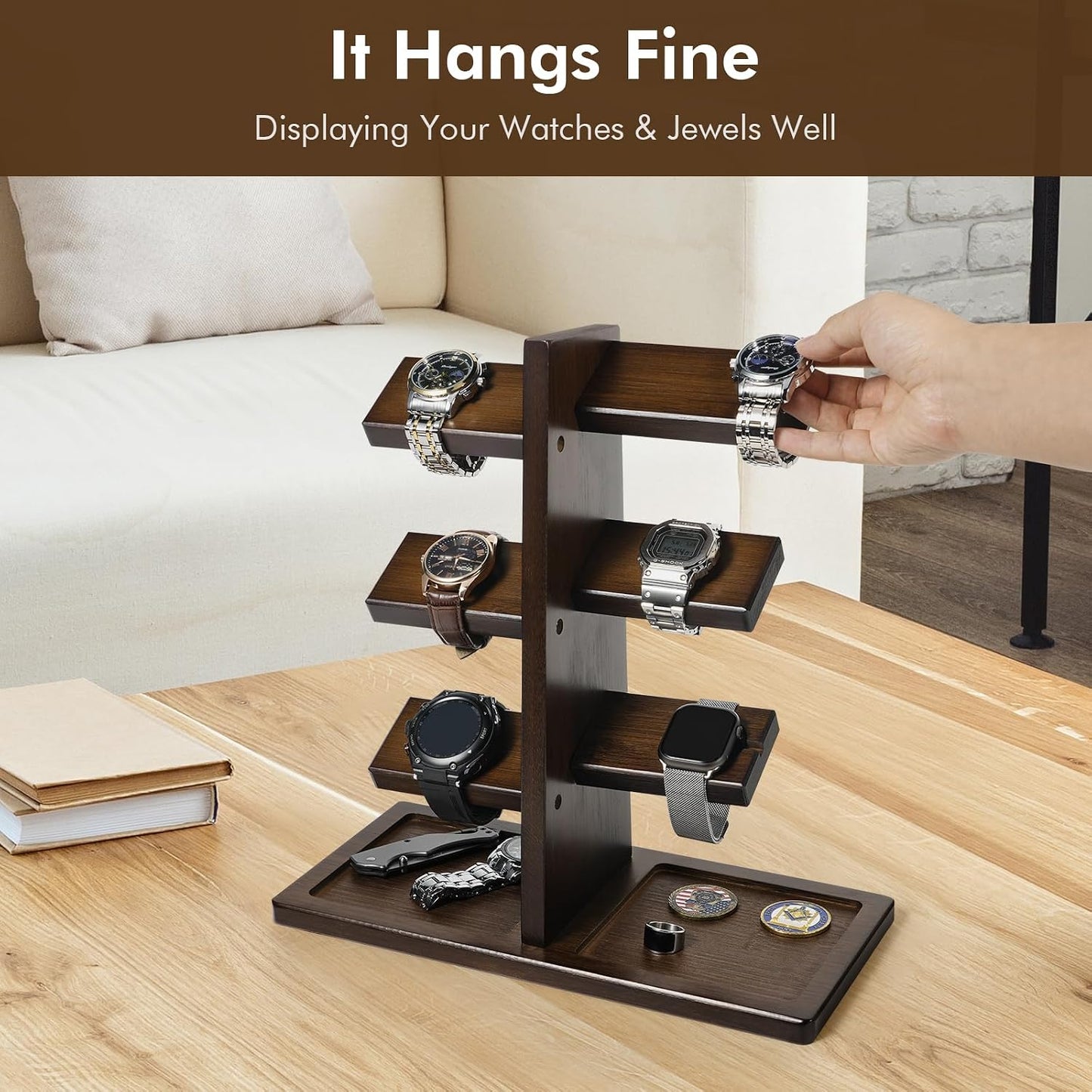 ikkle Watch Holder Stand with Charging Station Wooden Watch Display Tower Jewelry Organizer for Rings, Coins Bracelets