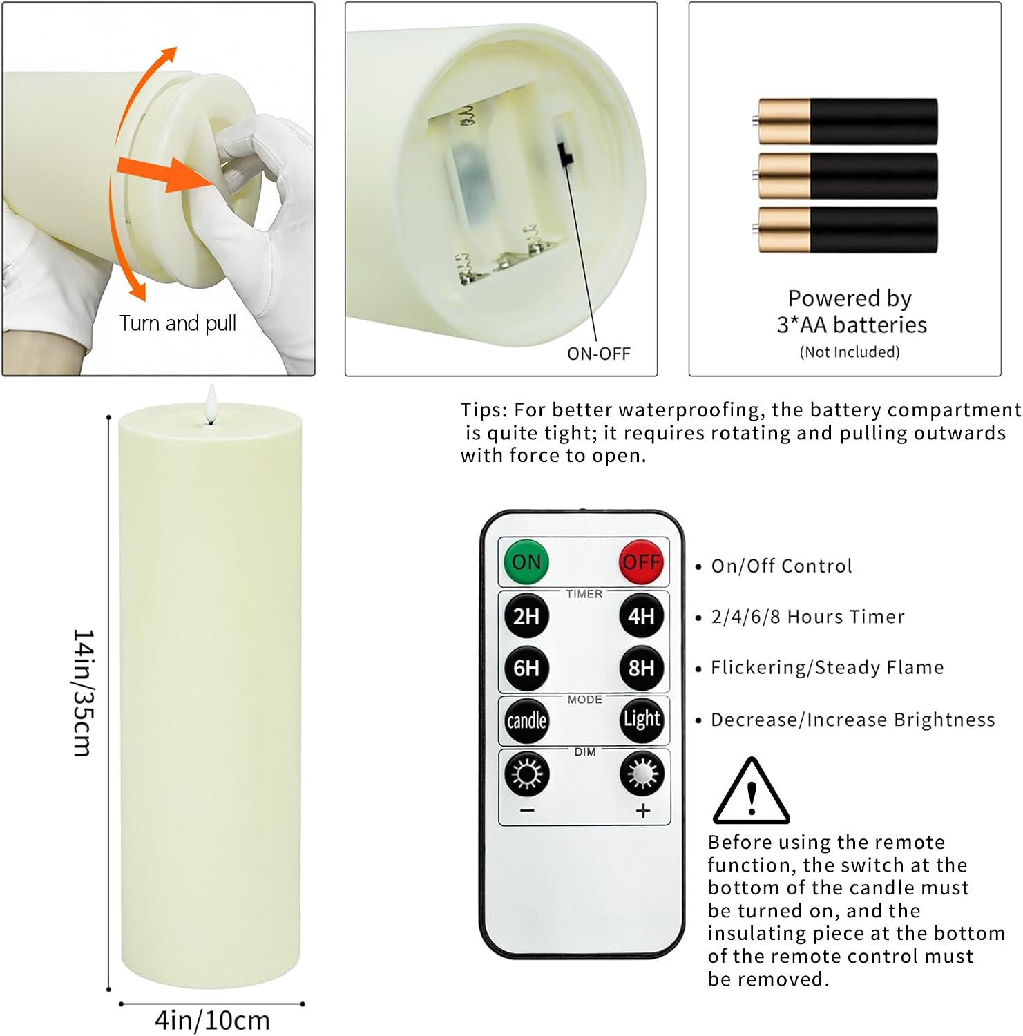 14" x 4" Large Outdoor Candle with Remote Timer Waterproof Ivory 1 Pack | Battery Operated Flameless Pillar Candle