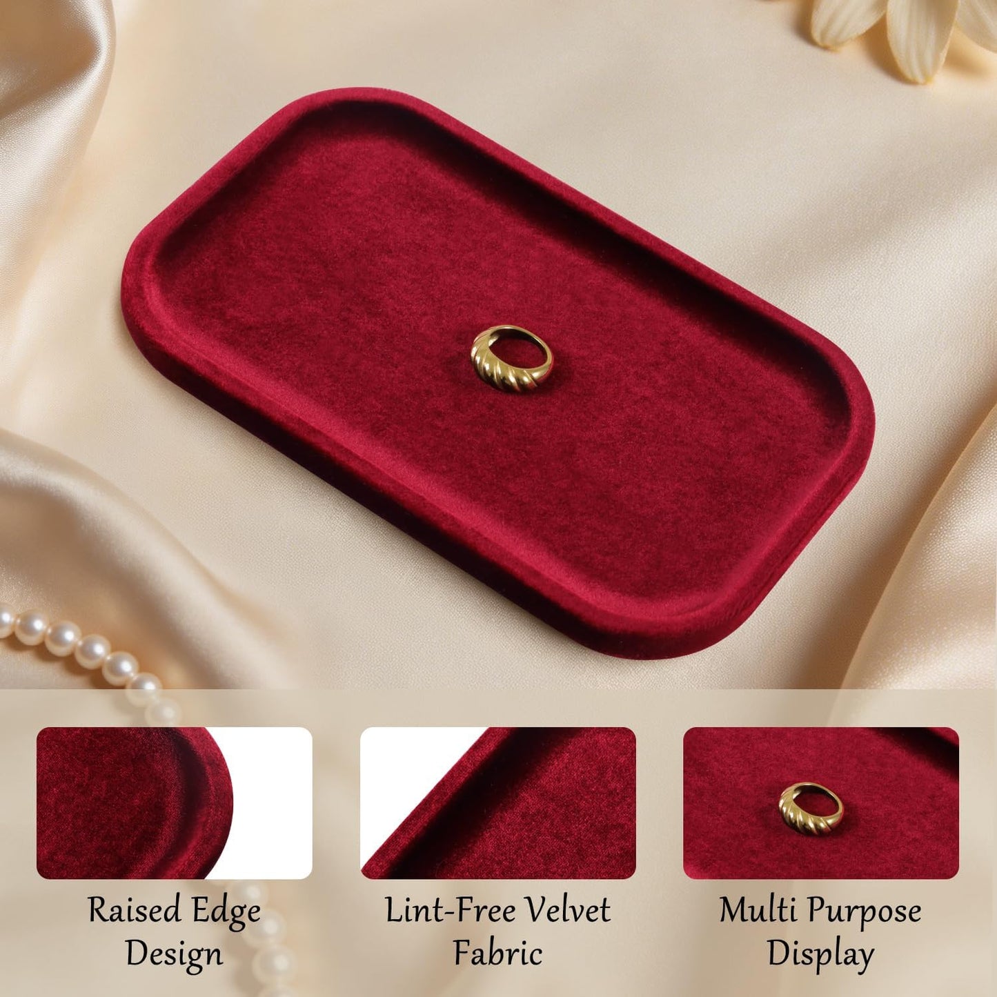 Resilient Velvet Jewelry Display Tray for Ring Earrings Bracelet Necklace / Red / 7.9 x 4.7
