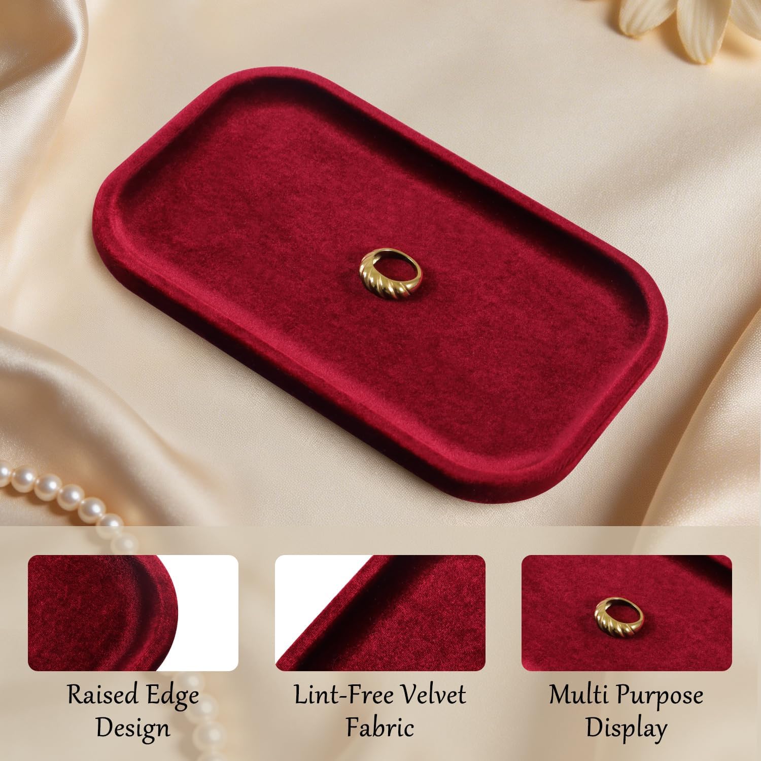 Resilient Velvet Jewelry Display Tray for Ring Earrings Bracelet Necklace / Red / 7.9 x 4.7
