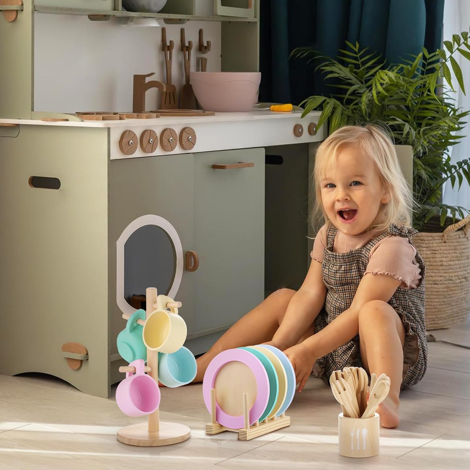 Storage Stand & / Kids Wooden Play Dishes Set / Macaron Colors with Stands-2 / Set of 27