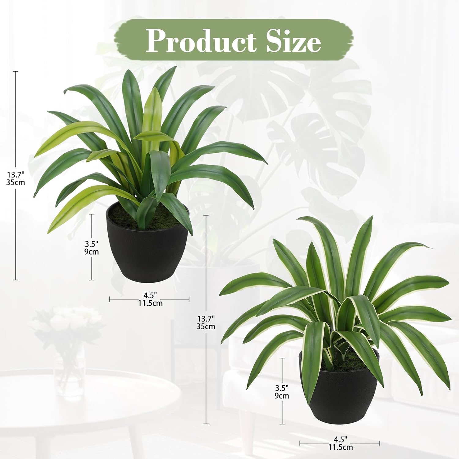 Artificial Cymbidium Leaves Plants 13.7" Fake Spiked Agave Plant in Black / Green+yellow / Set of 2