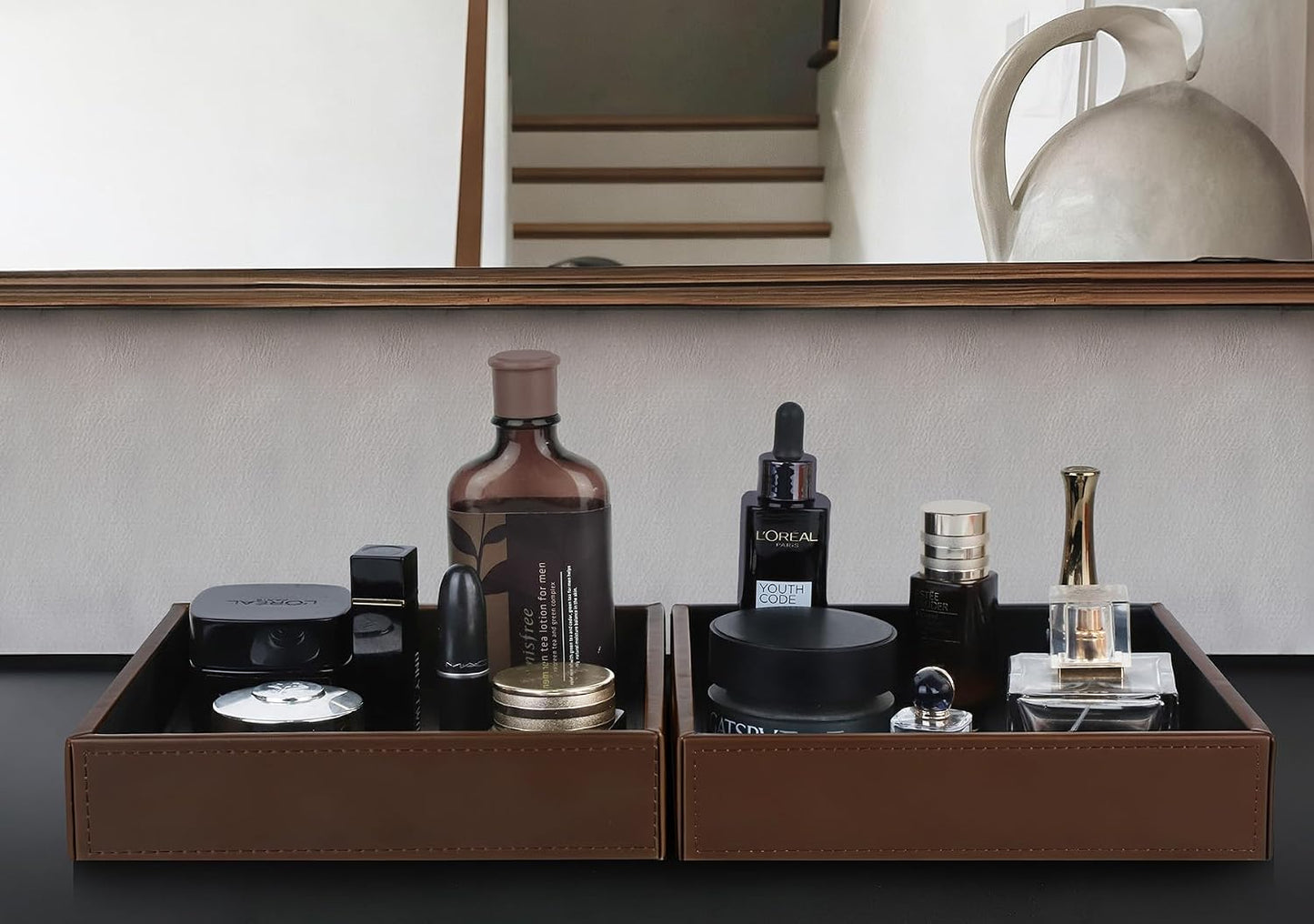 Faux Leather Vanity Tray / Brown / 8 x 8 x 1.8