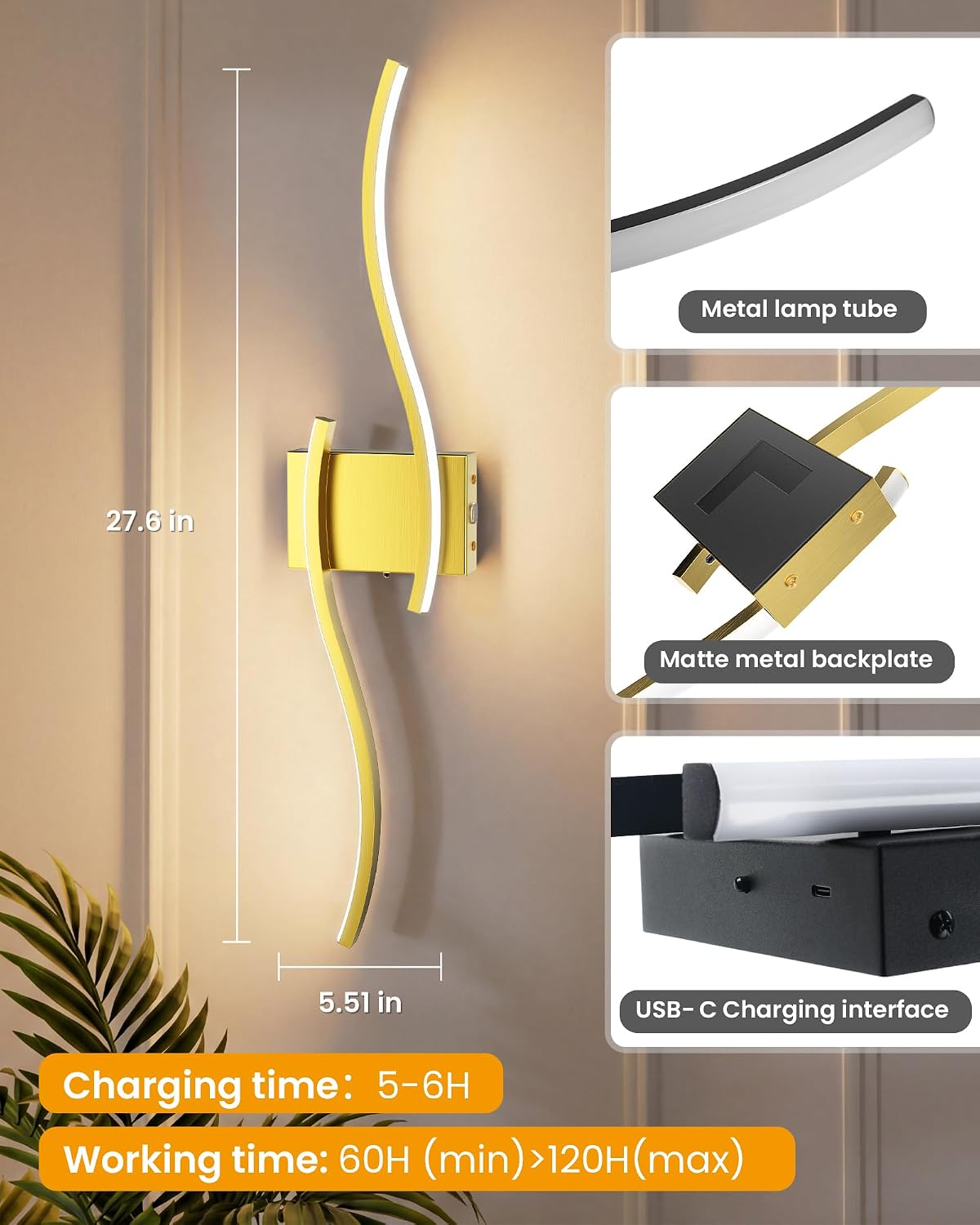 27.6 Inch Battery Operated Wall Sconce Set of 2, Gold Modern Rechargeable Wall Lights with Remote, 3CCT Dimmable