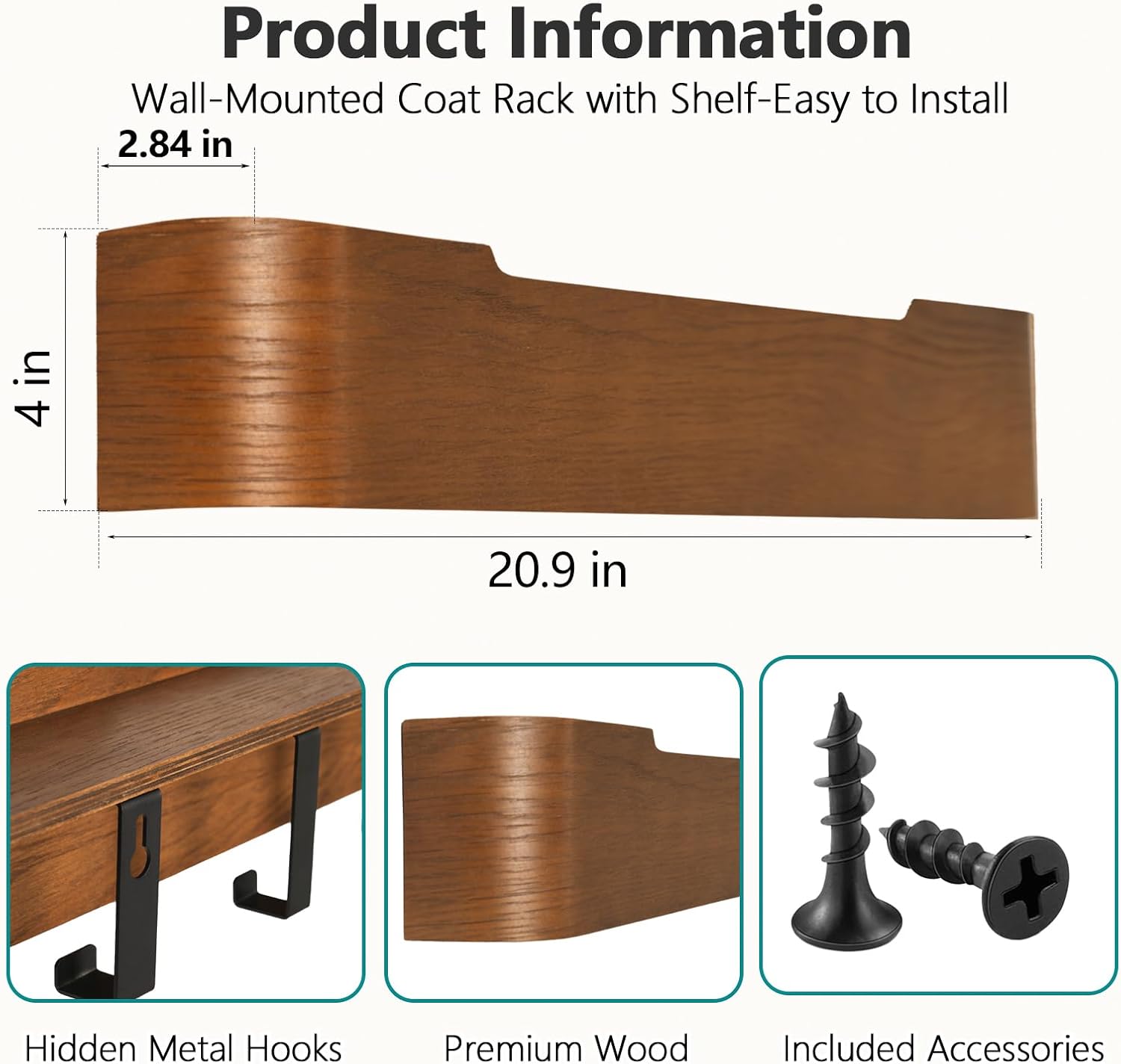 Coat Rack Wall Mount with Hidden Hooks Modern Key Holder Wood Entryway Hook with Shelf for Bedroom Kitchen Hallway