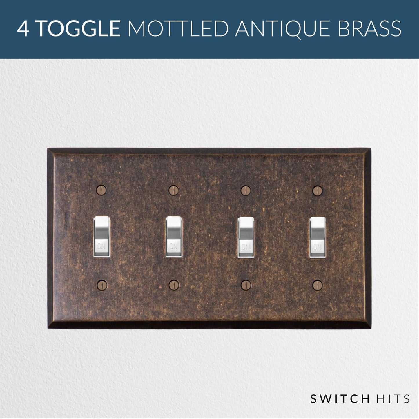 Quad Light Switch Plate GFCI Wall Plate Outlet Cover | 4 Toggle Mottled Antique Brass Electrical Faceplate | Hand