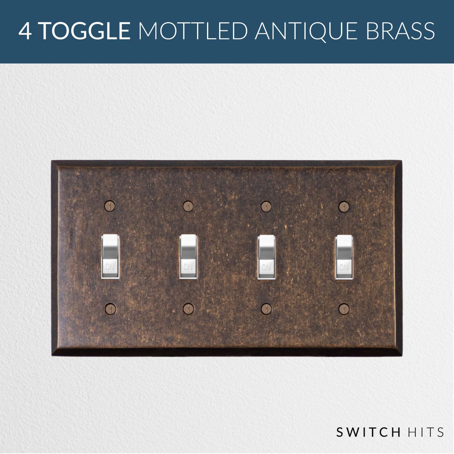 Quad Light Switch Plate GFCI Wall Plate Outlet Cover | 4 Toggle Mottled Antique Brass Electrical Faceplate | Hand