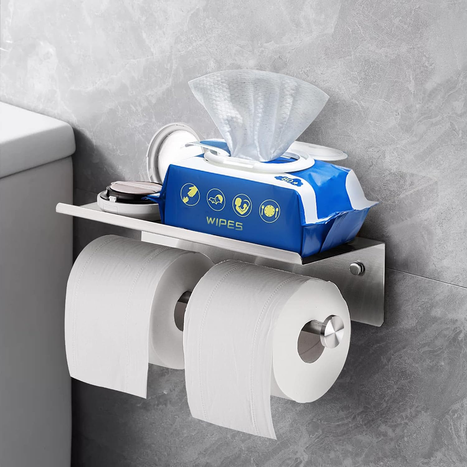 Toilet Paper Holder with Shelf, Double Roll Holder, Brushed Nickel | 304 Stainless Steel, Wall Mounted, Anti-Drop
