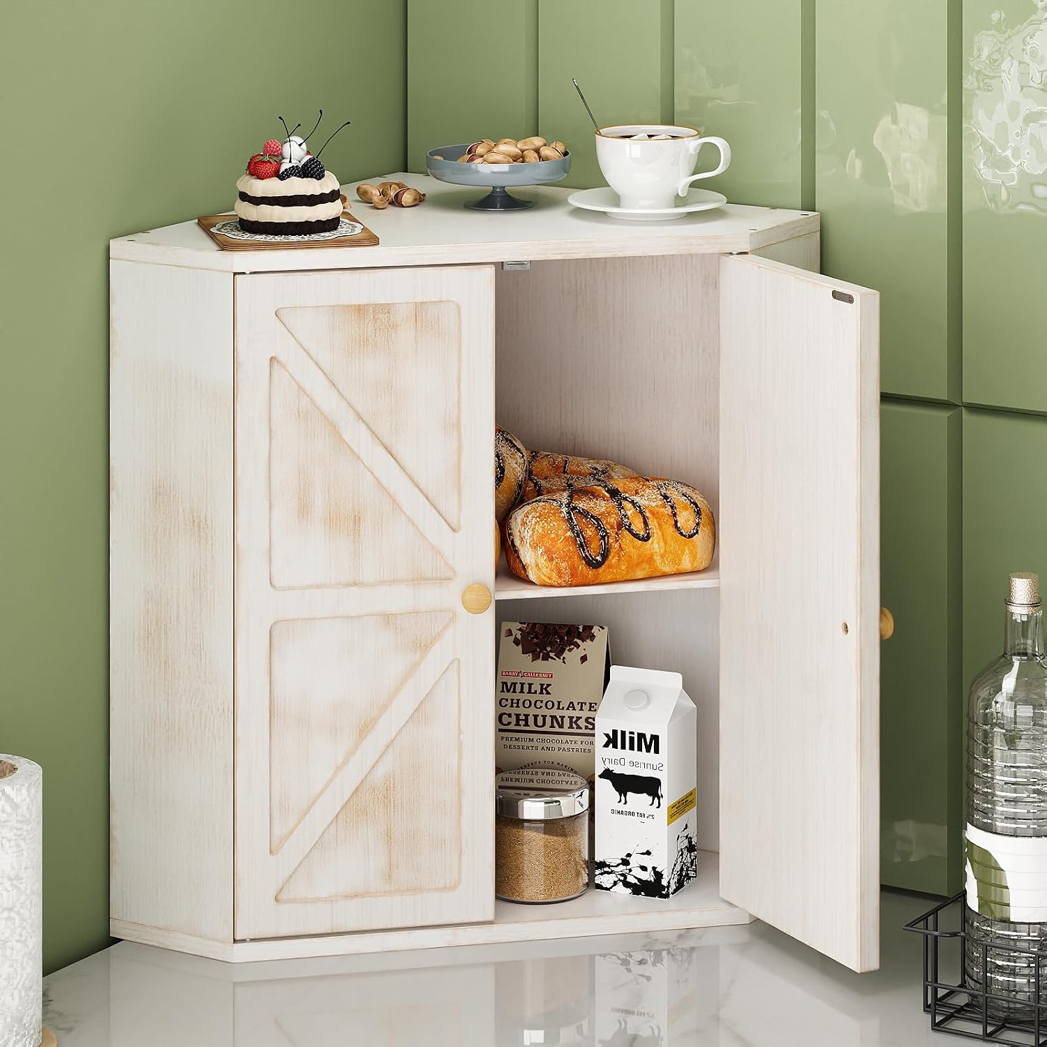 Trironsun Corner Bread Box for Kitchen Counter Double Layer Bamboo Bread Storage Container Large Capacity Bread Storage