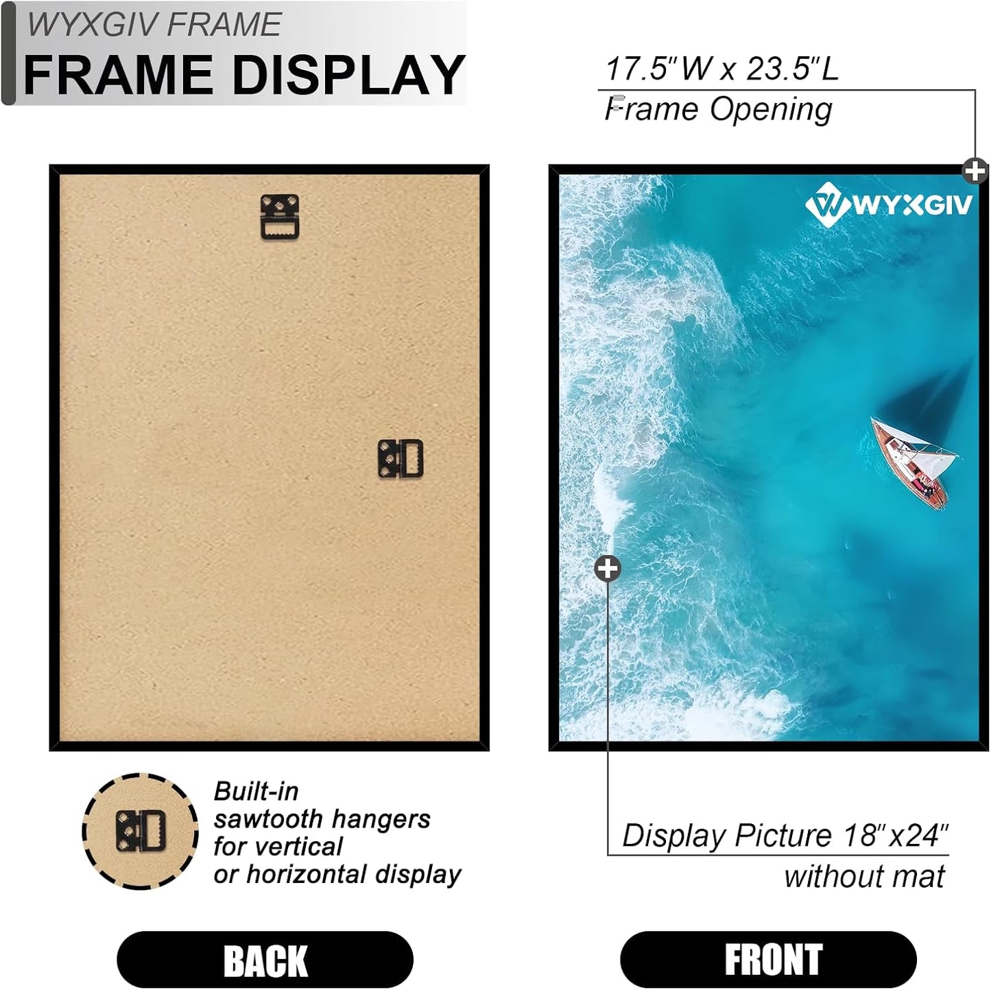 Black 18x24 Picture Frame Set of 2 Slide-In Strips Wall Hanging Frame | Lightweight yet Sturdy Scratch-Proof 18 x 24