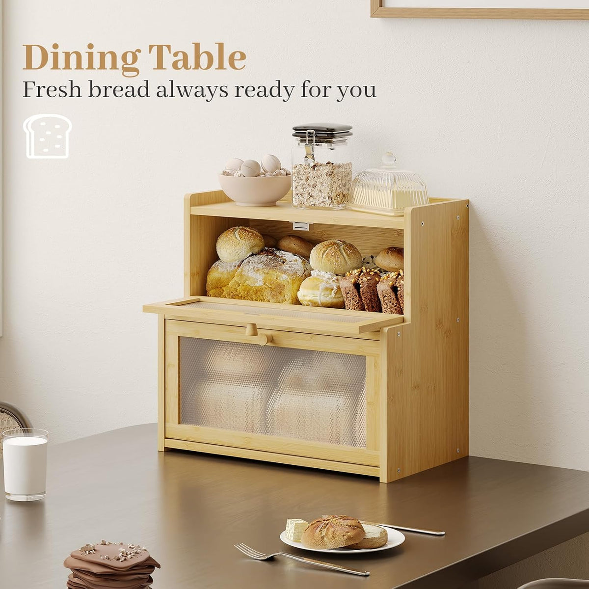 Bread Box for Kitchen Countertop, Large Bamboo Bread Storage Container with Double Layer, Bread Holder for Homemade