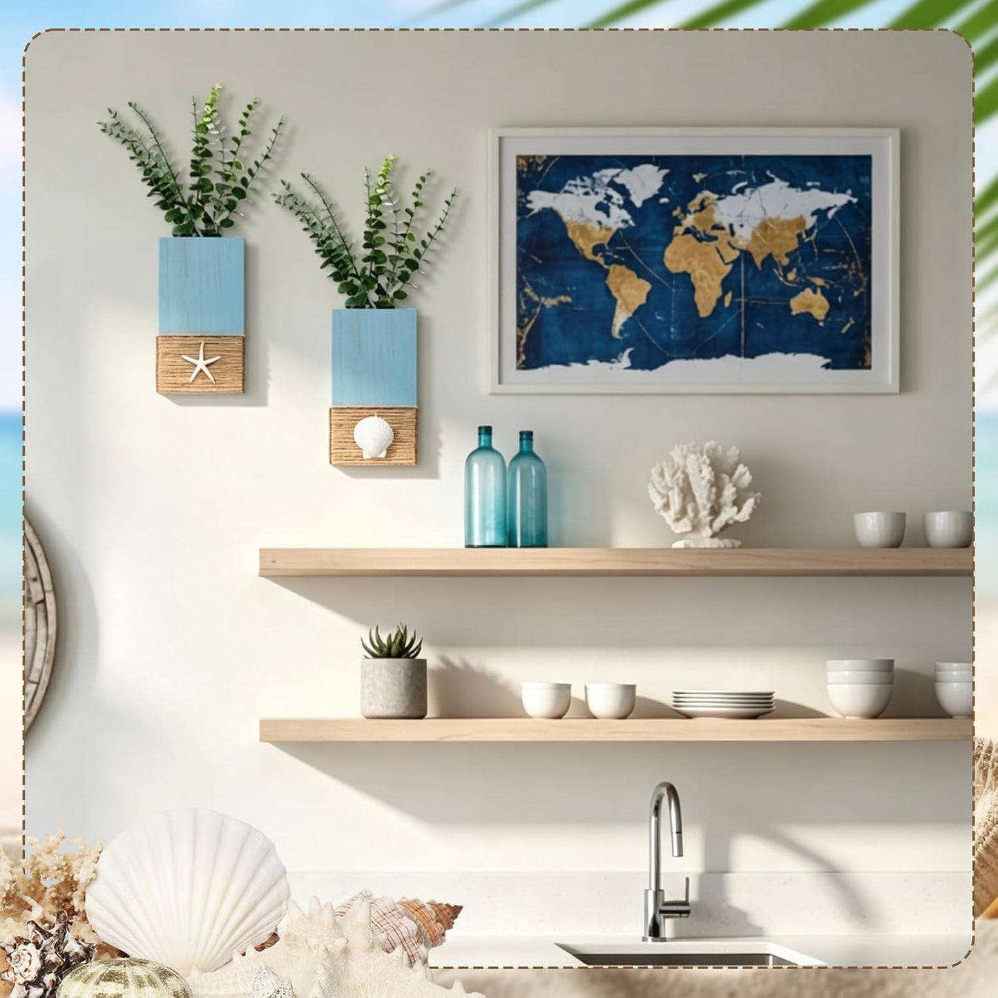 Beach Rustic Wood Wall Planter Vase Beach Room Decor Nautical Coastal / Seashell / Blue / Set of 2