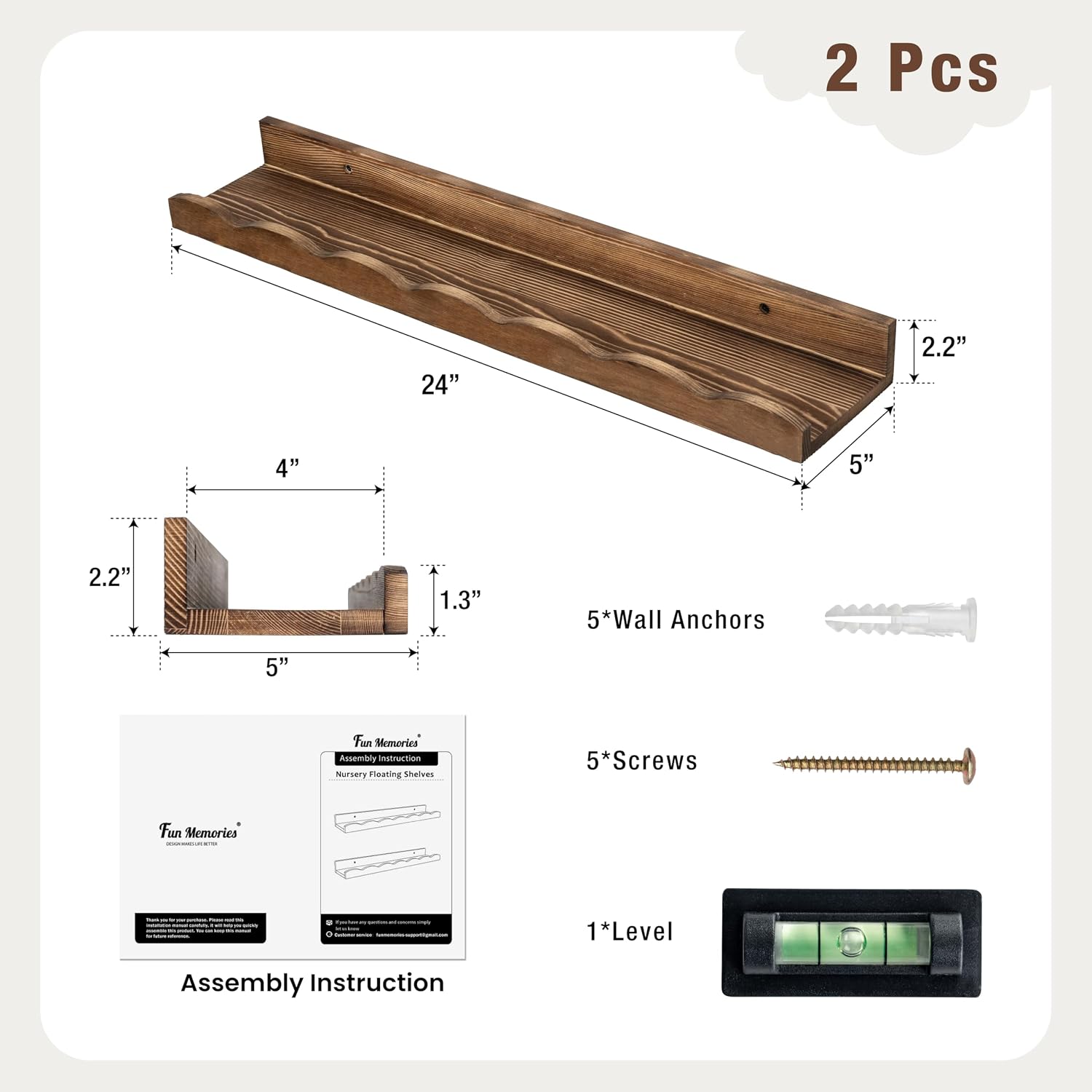 Fun Memories Picture Ledge Shelf for Wall, 24 inch Pine Wood Nursery Book Shelves Set of 2- Wall Book Shelves for Kids