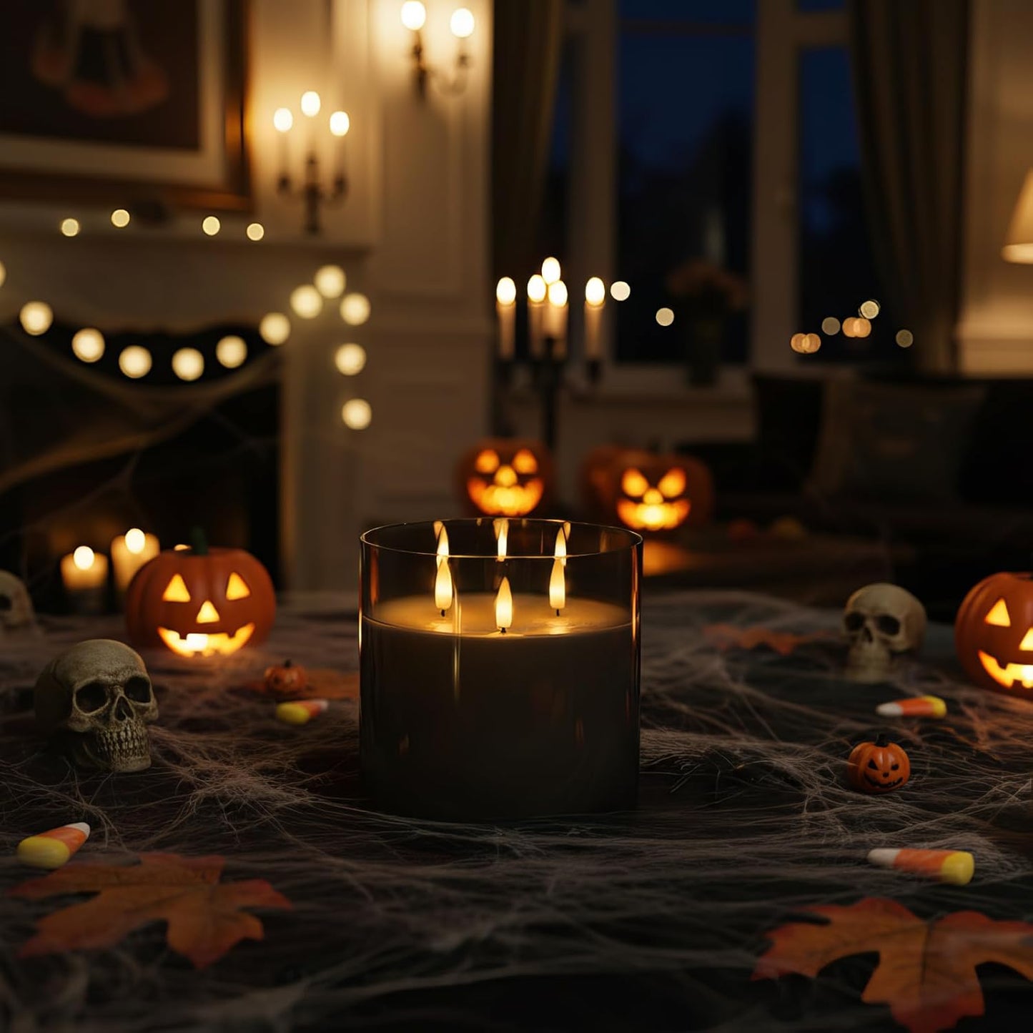 Homemory Grey Large Glass Flameless LED Candle, 3 Wicks, Remote Timer | 6"x6", real wax, battery operated flickering