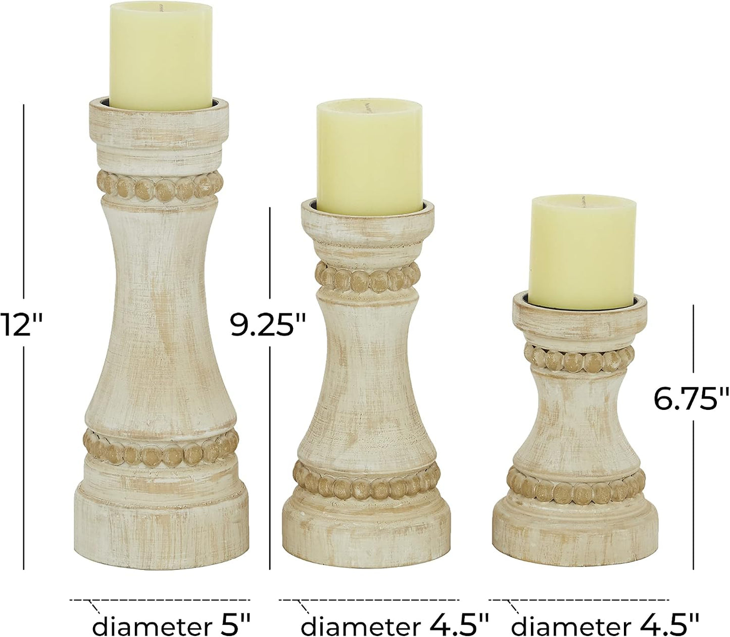 Deco 79 Wood Solid Candle Holder, Set of 3 12", 9", 7"H, Cream