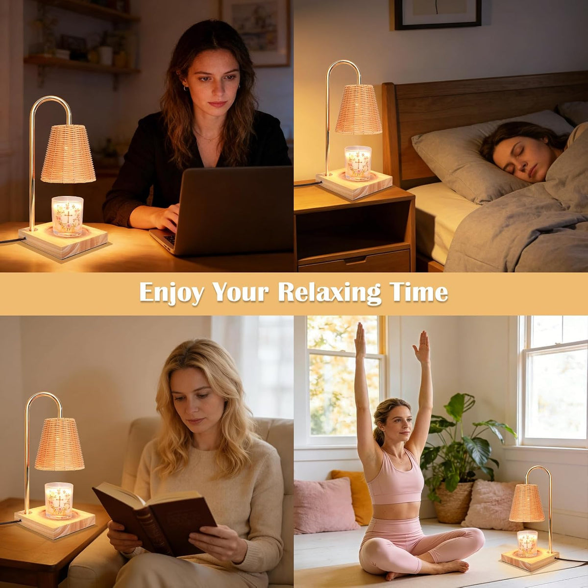 Candle Warmer Lamp with Timer Dimmable Boho Rattan Lampshade Natural Weaving Wax Warmer for Jar Candles Mothers Day