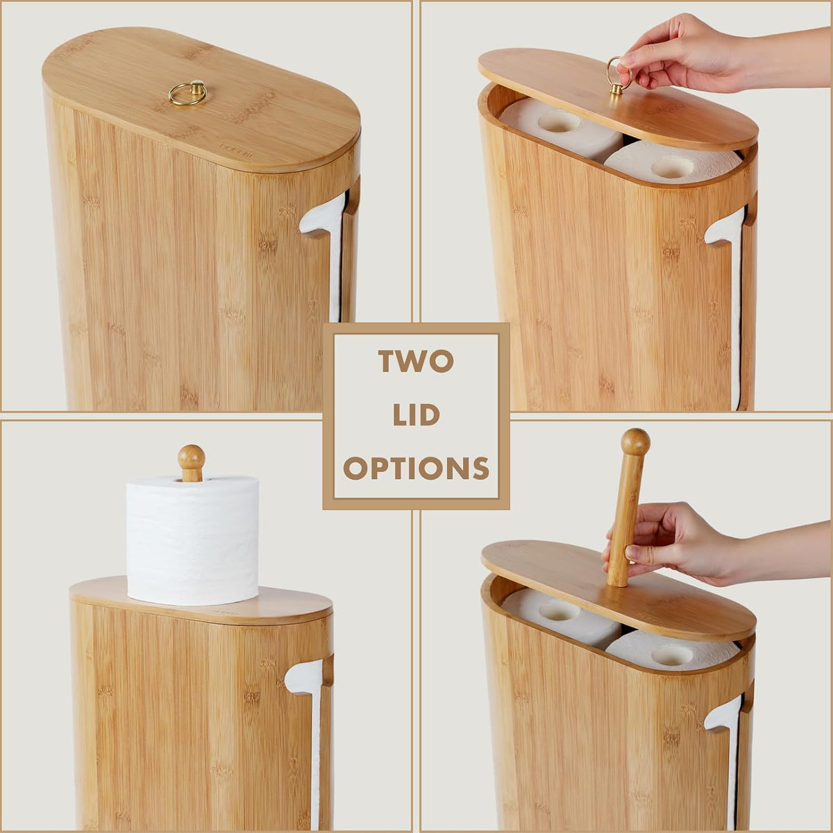 Gobam Bamboo Toilet Paper Storage with Dual-Use Lid, Freestanding Bathroom Tissue Organizer with Viewing Slot, Built-In