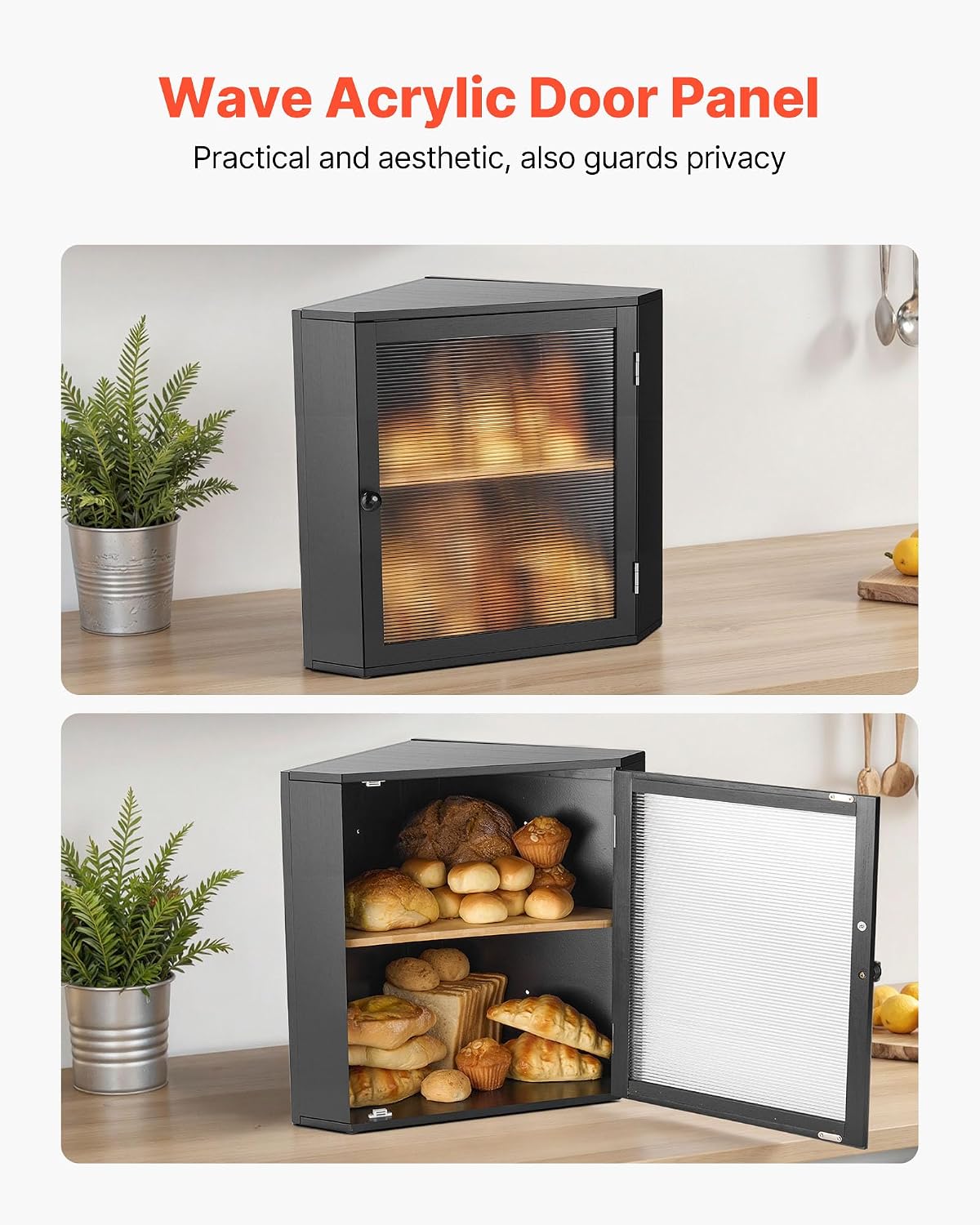 VEVOR Corner Bread Box for Kitchen Counter, Double Layer Large Capacity Bamboo Bread Storage Container, Farmhouse