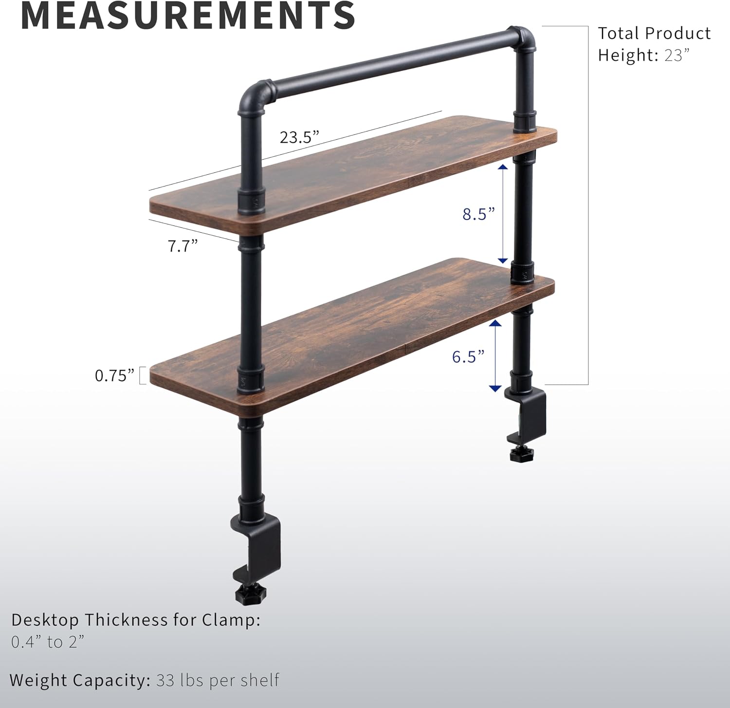 VIVO Clamp-on Premium 24 inch Industrial Pipe 2-Tier Tabletop Shelving, Heavy Duty Desk Extension Organizer, Modern
