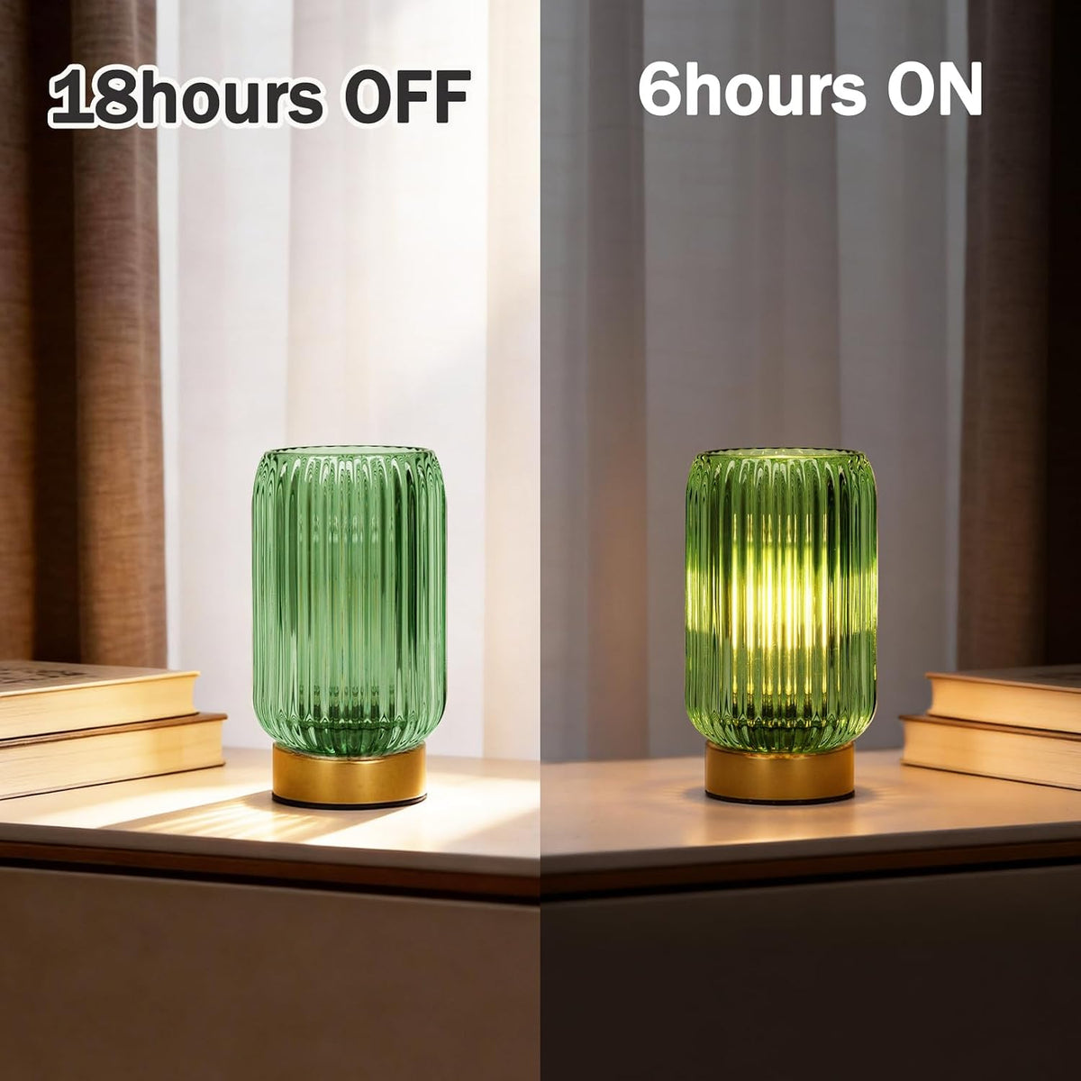 MJ PREMIER Battery Operated Lamp, Small Cordless Lamp with Timer, Green | Vertical Stripes Glass Lampshade, Small Table