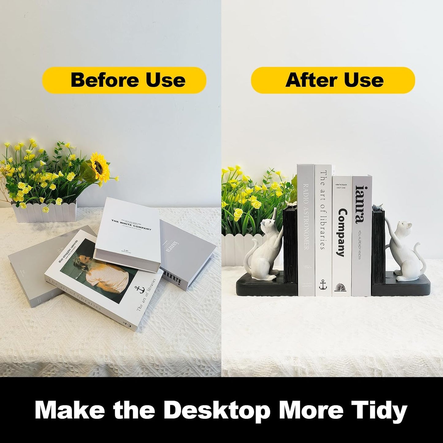Decorative Bookends / Heavy Duty Resin Cat Bookends / White