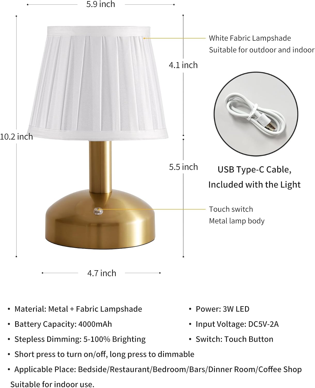 KDG Gold Cordless Small Table Lamp, Portable LED Fabric Shade Desk Lamp | Modern 4000mAh Rechargeable Battery Operated