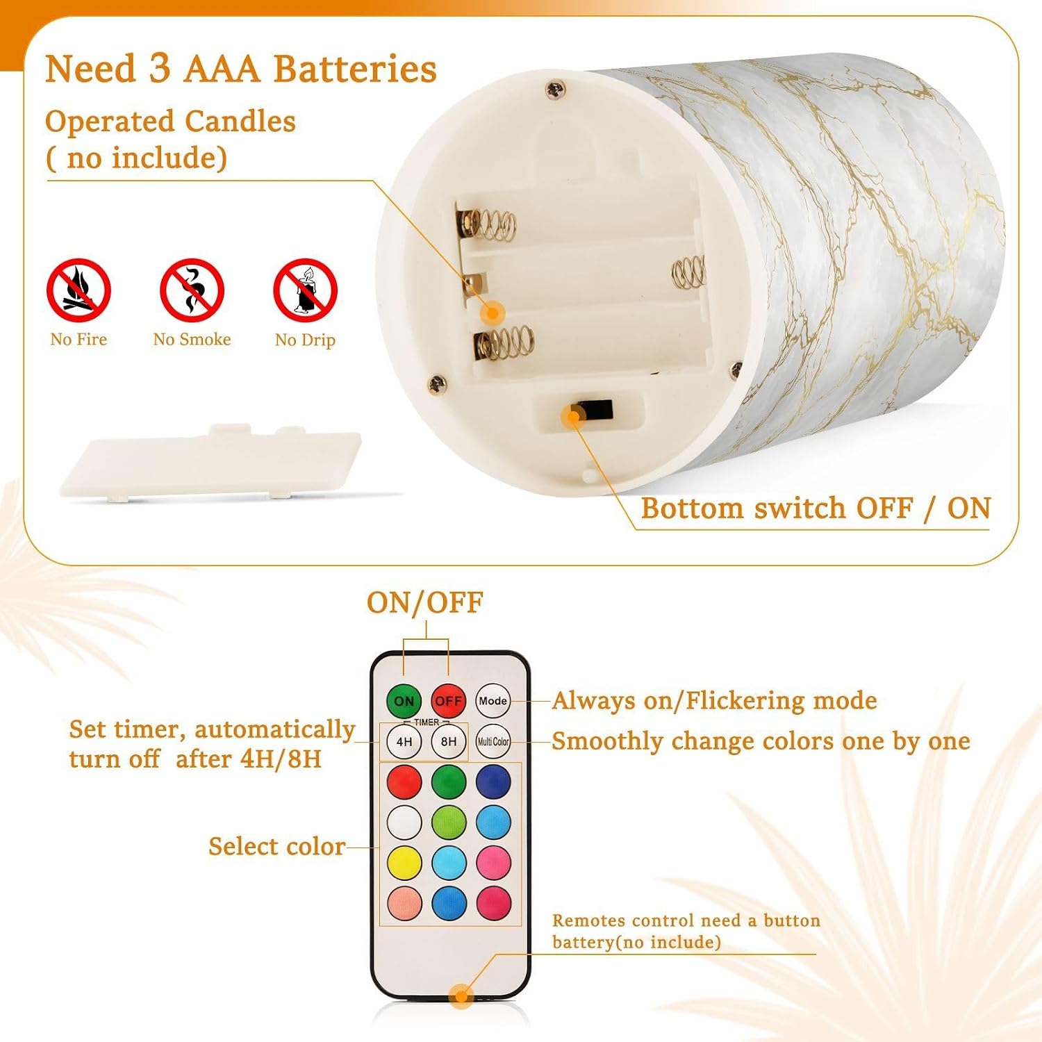 Flickering Flameless Candles, Marble Gray White Golden Texture LED Candles with Remote Timer, Set of 2 Battery Operated