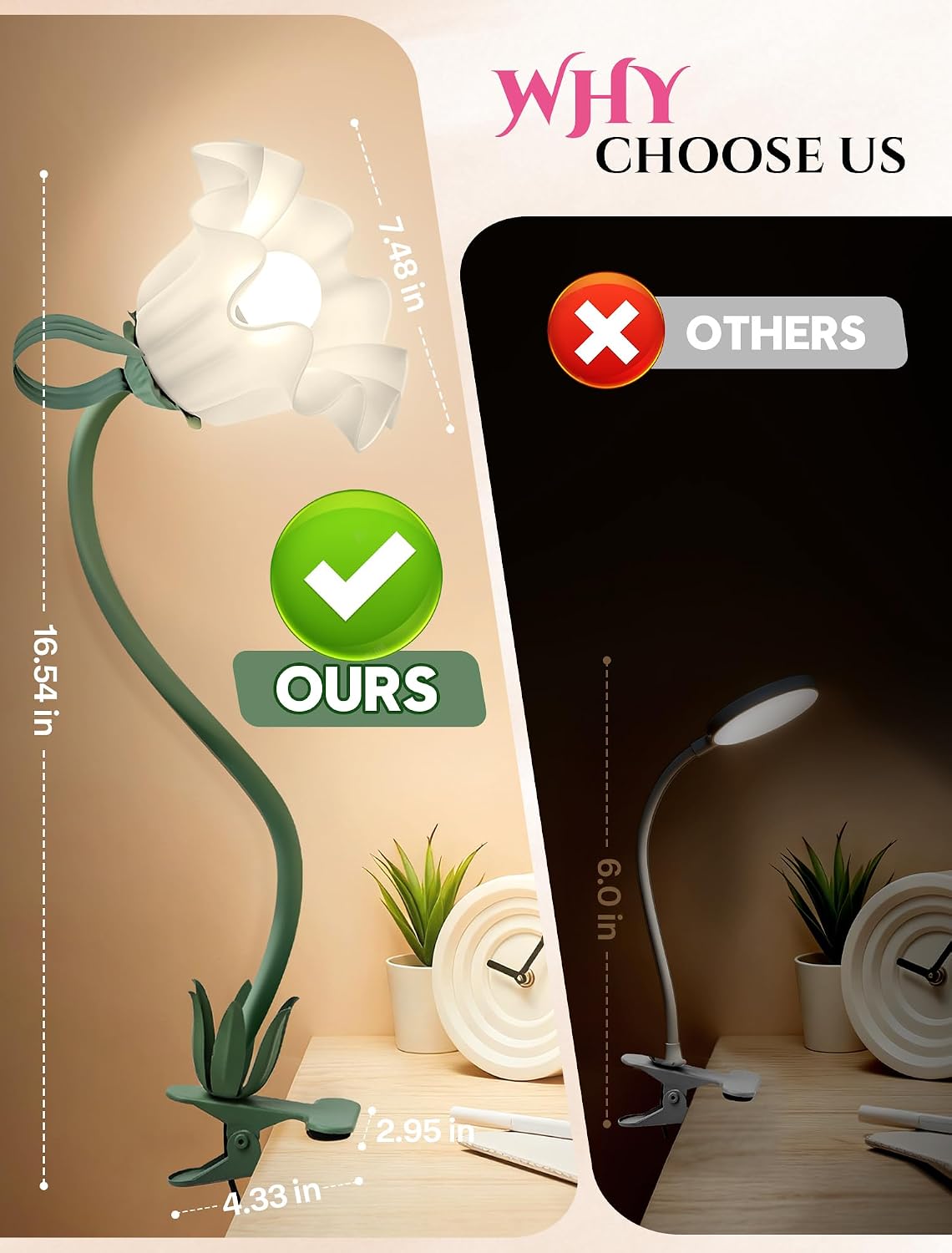 Clip On Flower Lamp for Bedroom, Aesthetic Bedside Reading Light with Flexible Gooseneck, 3 Color Modes Cute Desk Lamp