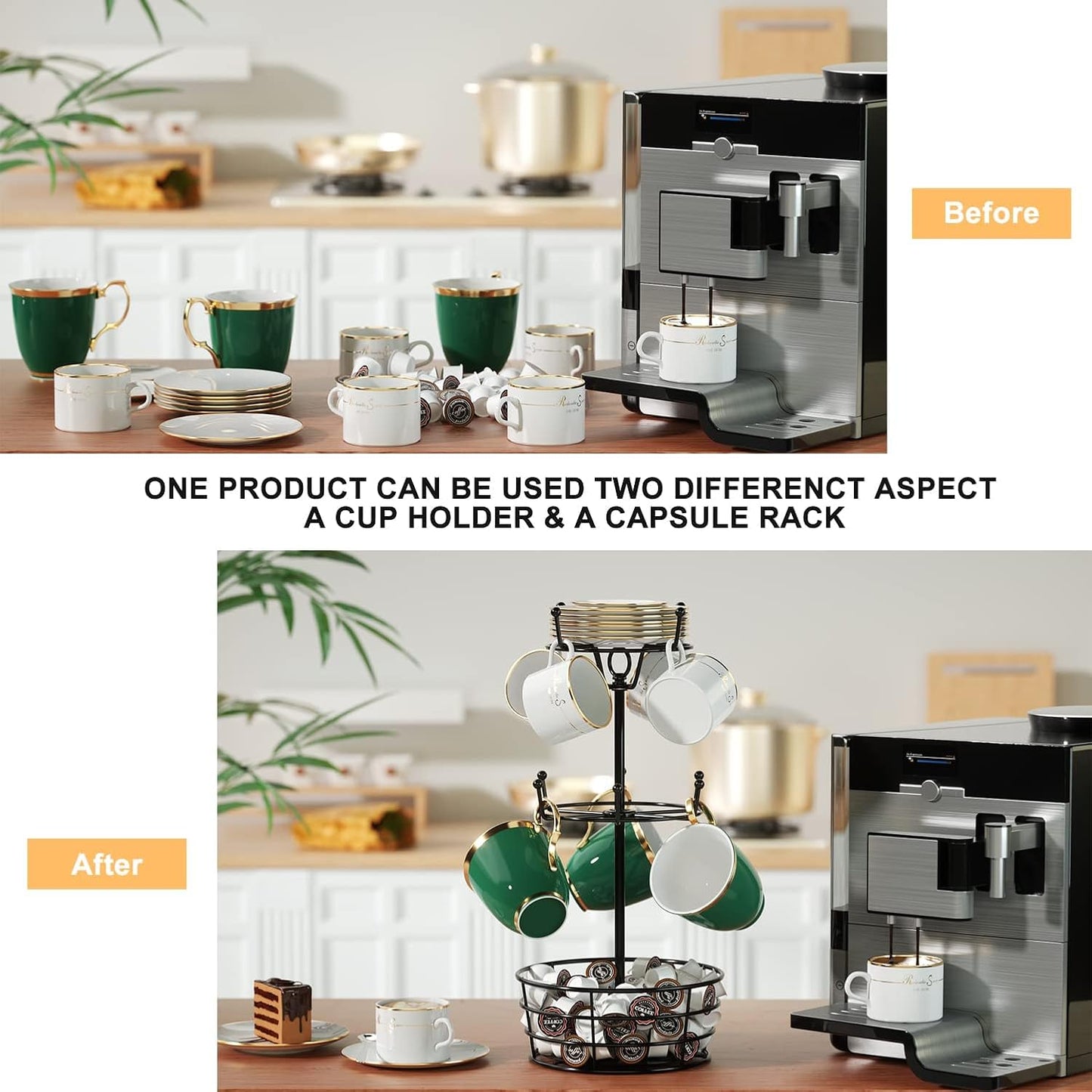 360° Rotating Coffee Mug Holder Tree | 3-Tier Metal Cup Rack with 10 Hooks, Coffee Bar Organizer Decor for Kitchen